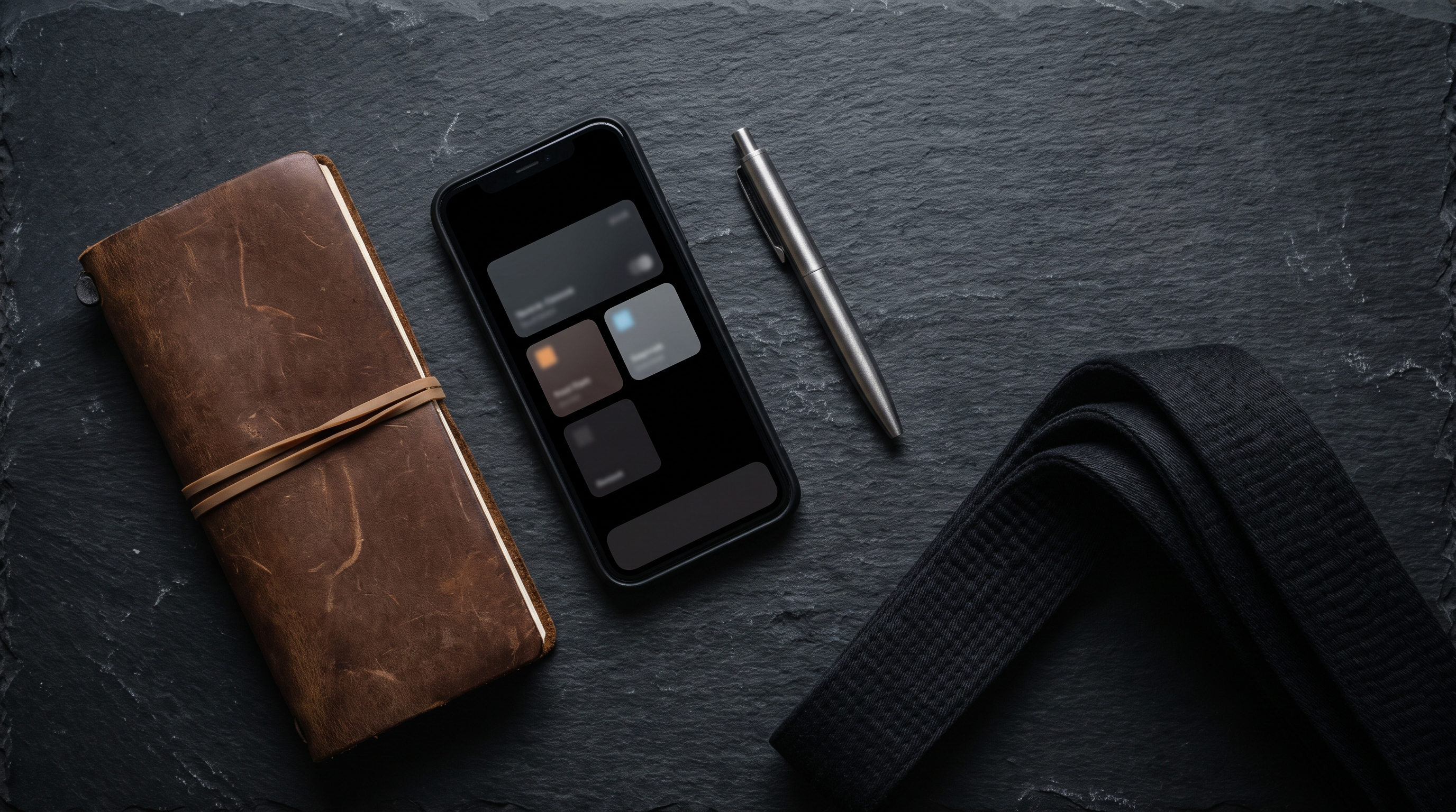 Closed leather notebook next to a smartphone displaying a dark app interface, with a folded black belt on a dark surface.