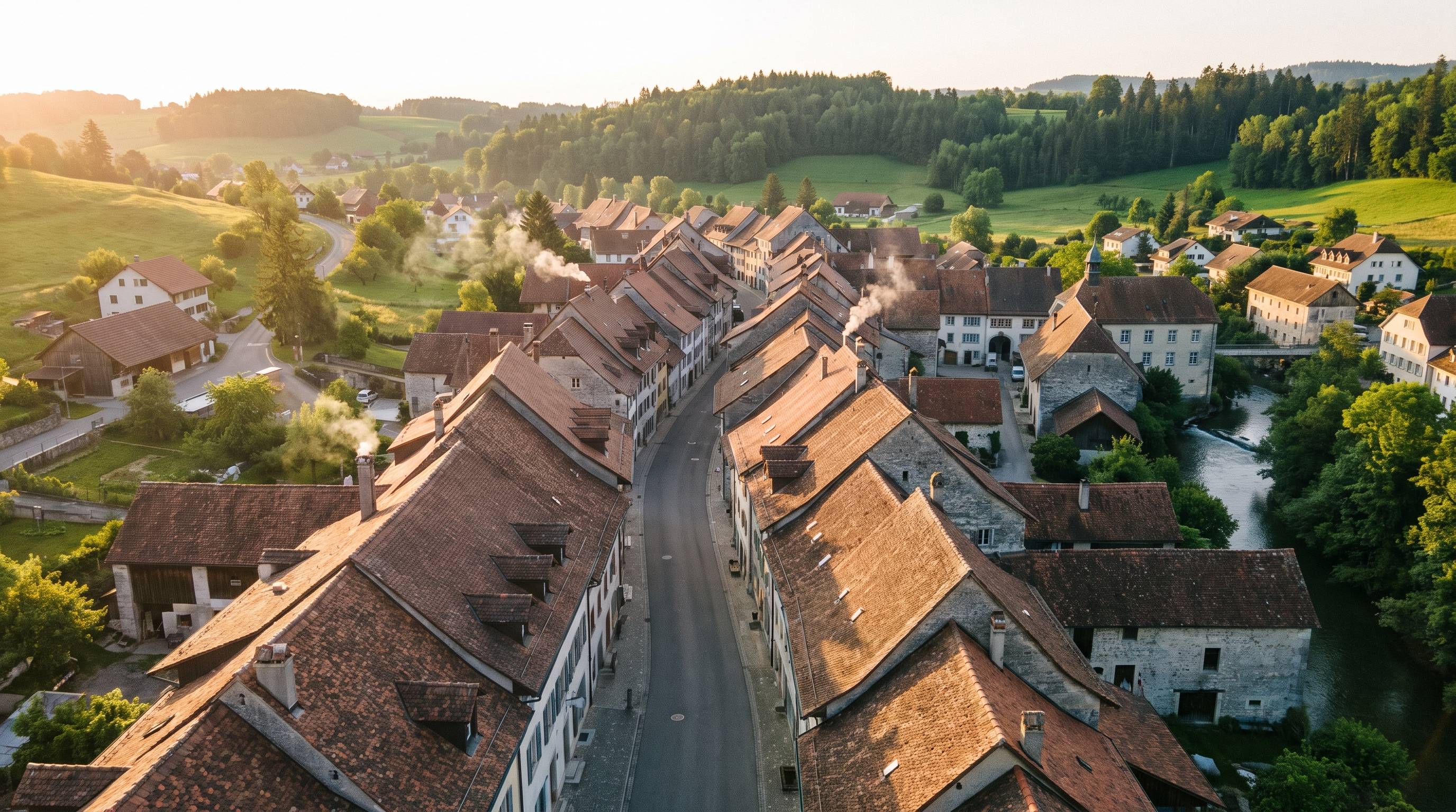 Vue matinale d'une petite ville du Jura suisse, symbolisant une PME locale prête à se digitaliser.