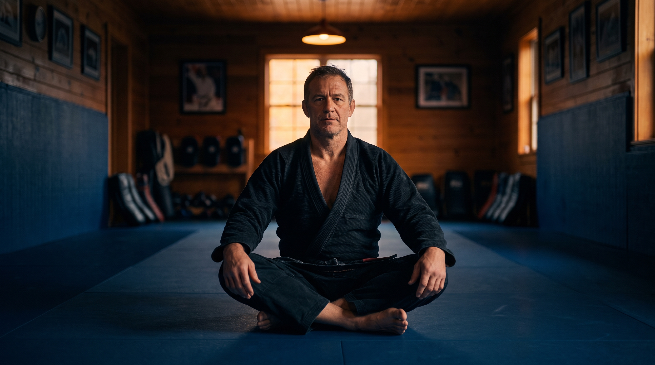 A grappler in his mid-40s sitting calmly on the mat before a jiu jitsu training session.