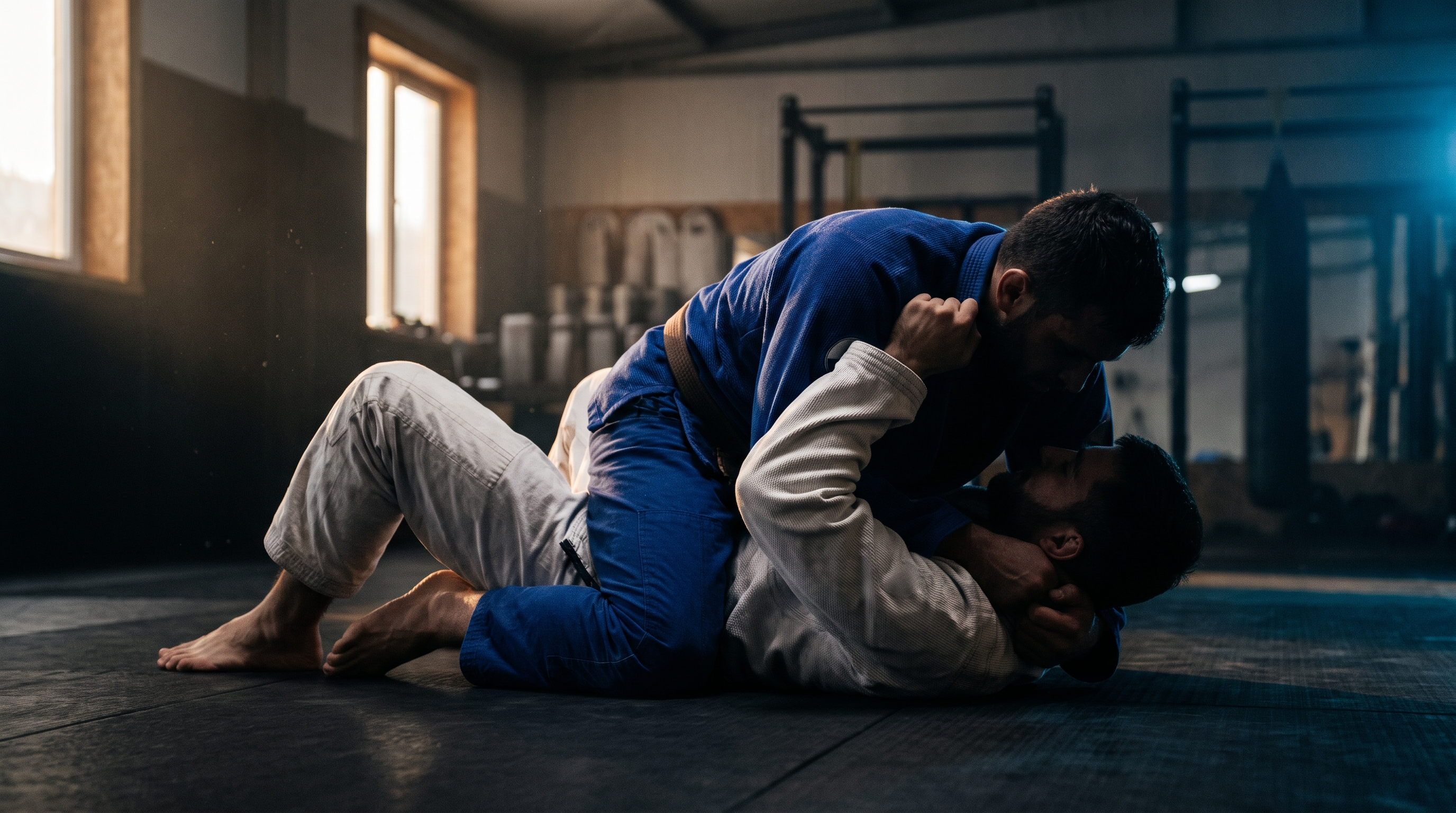 Two BJJ practitioners drilling a kesa gatame scarf hold pin on a dark mat.