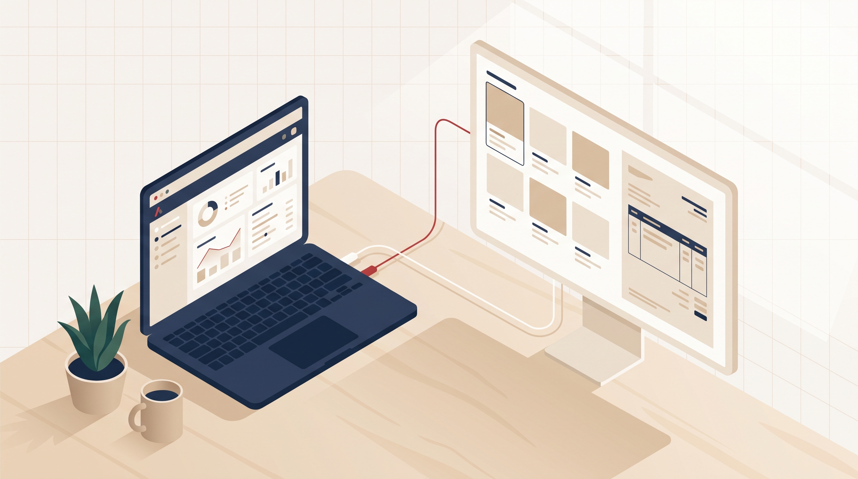 Illustration éditoriale d'un bureau reliant un tableau de bord ERP et un site e-commerce par des lignes fluides.