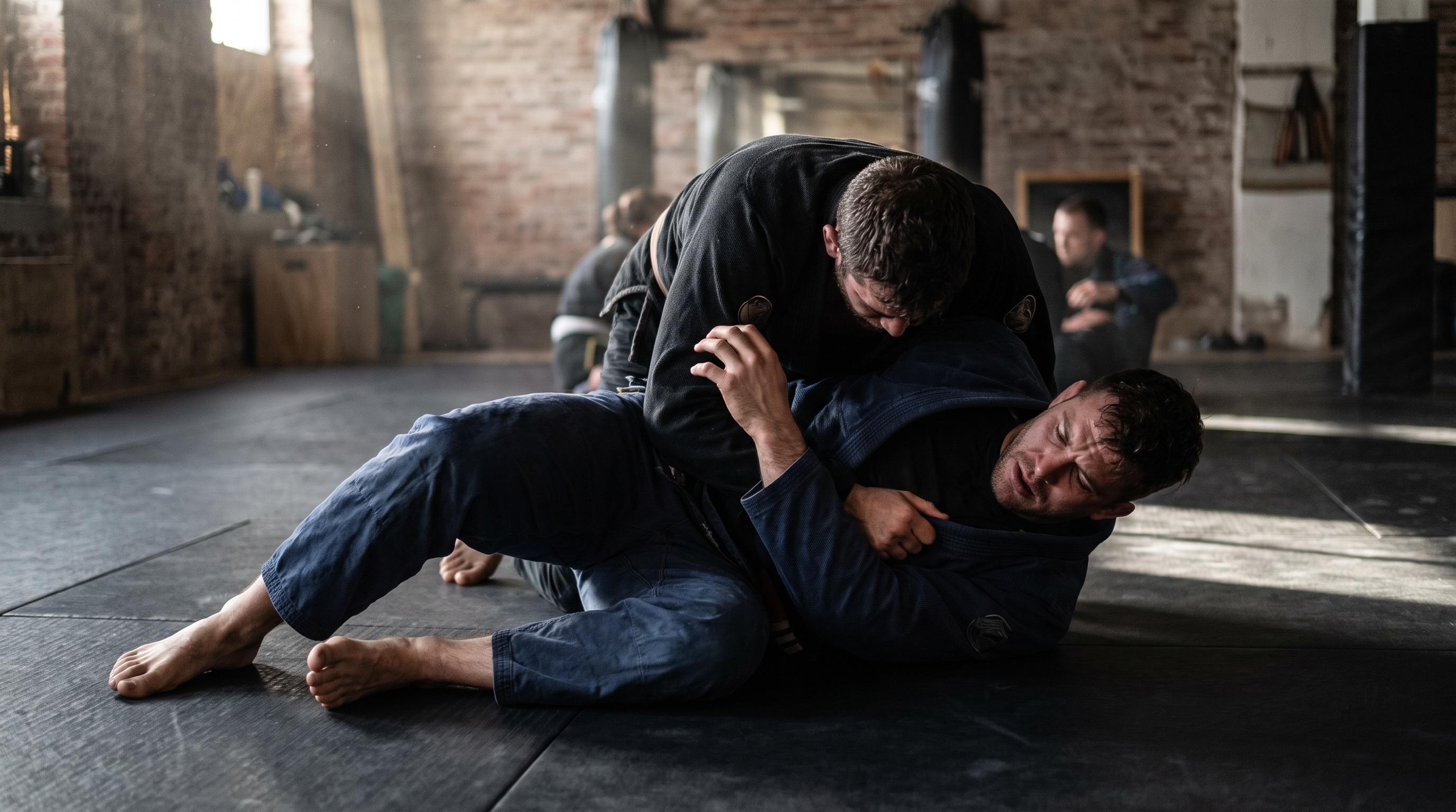 BJJ practitioner turning to their side and winning the underhook from bottom half guard.