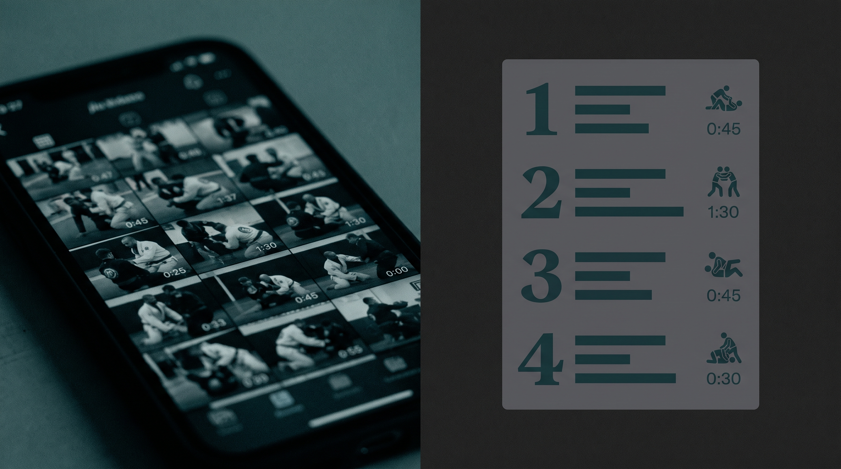 Split image comparing a busy video playlist with a clean, structured BJJ technique card on a phone.