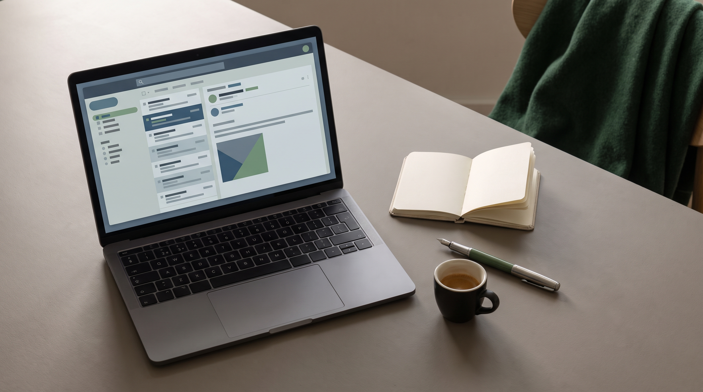 Bureau minimaliste avec ordinateur portable ouvert sur une interface d'email, carnet et tasse de café.
