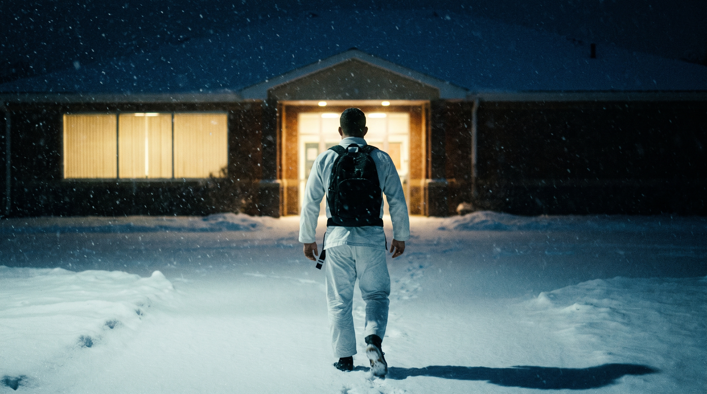 A grappler in a gi walking toward a warmly lit BJJ gym on a cold winter evening.