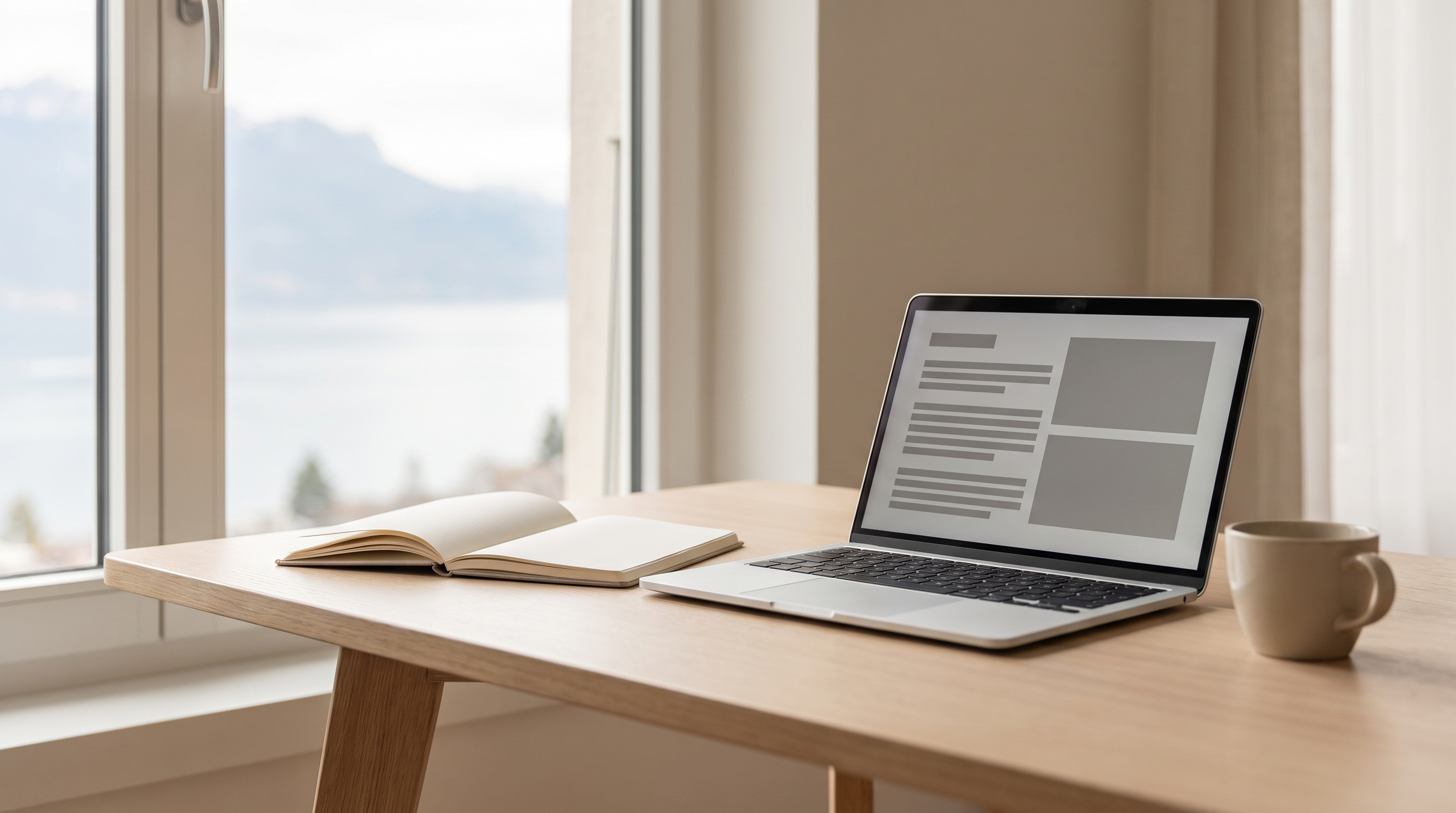 Bureau épuré avec carnet et ordinateur portable, symbolisant un usage réfléchi de l'IA générative dans une PME romande.