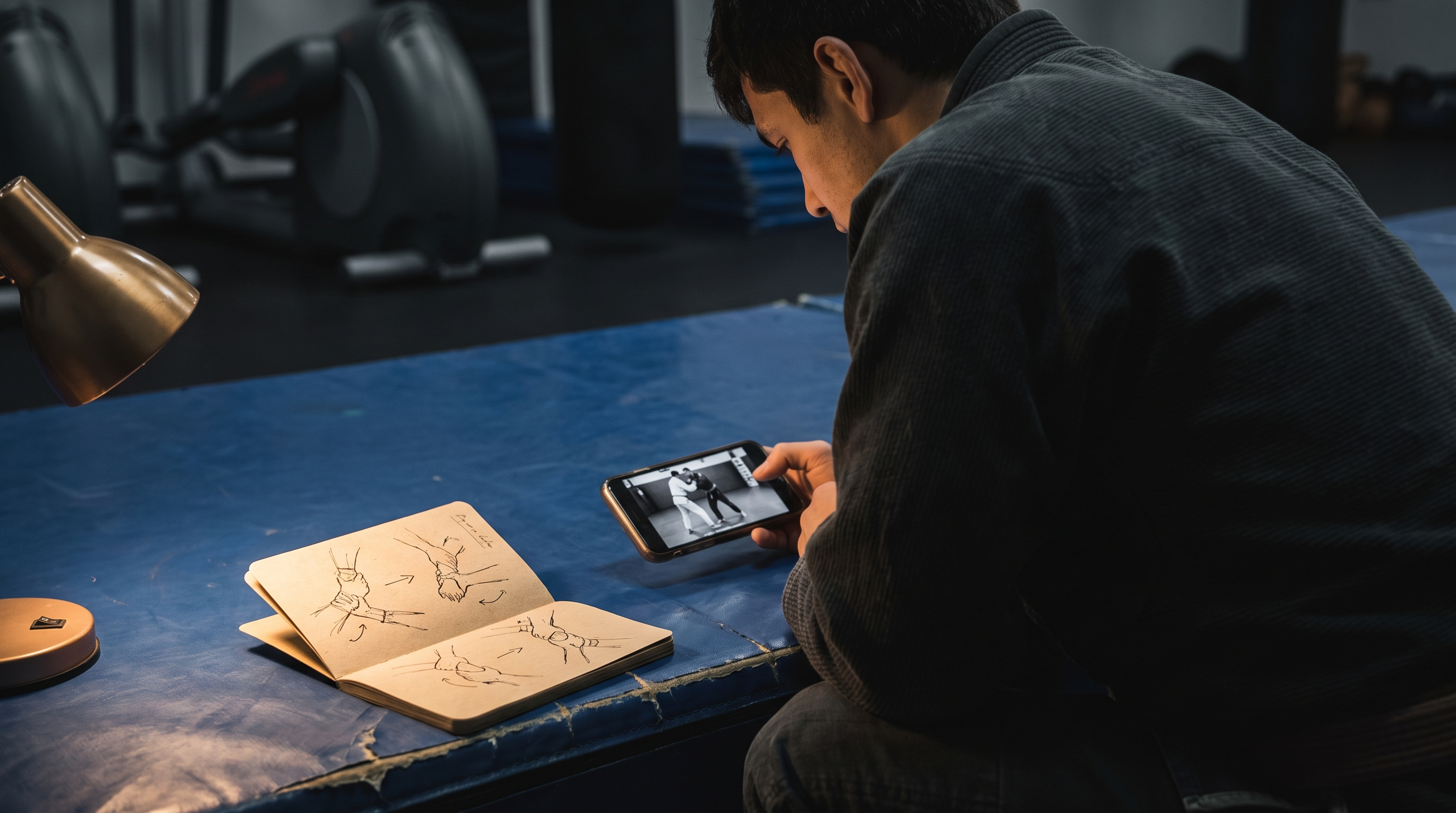 A jiu-jitsu practitioner studying a BJJ instructional video on a phone next to a notebook of technique notes on a training mat.