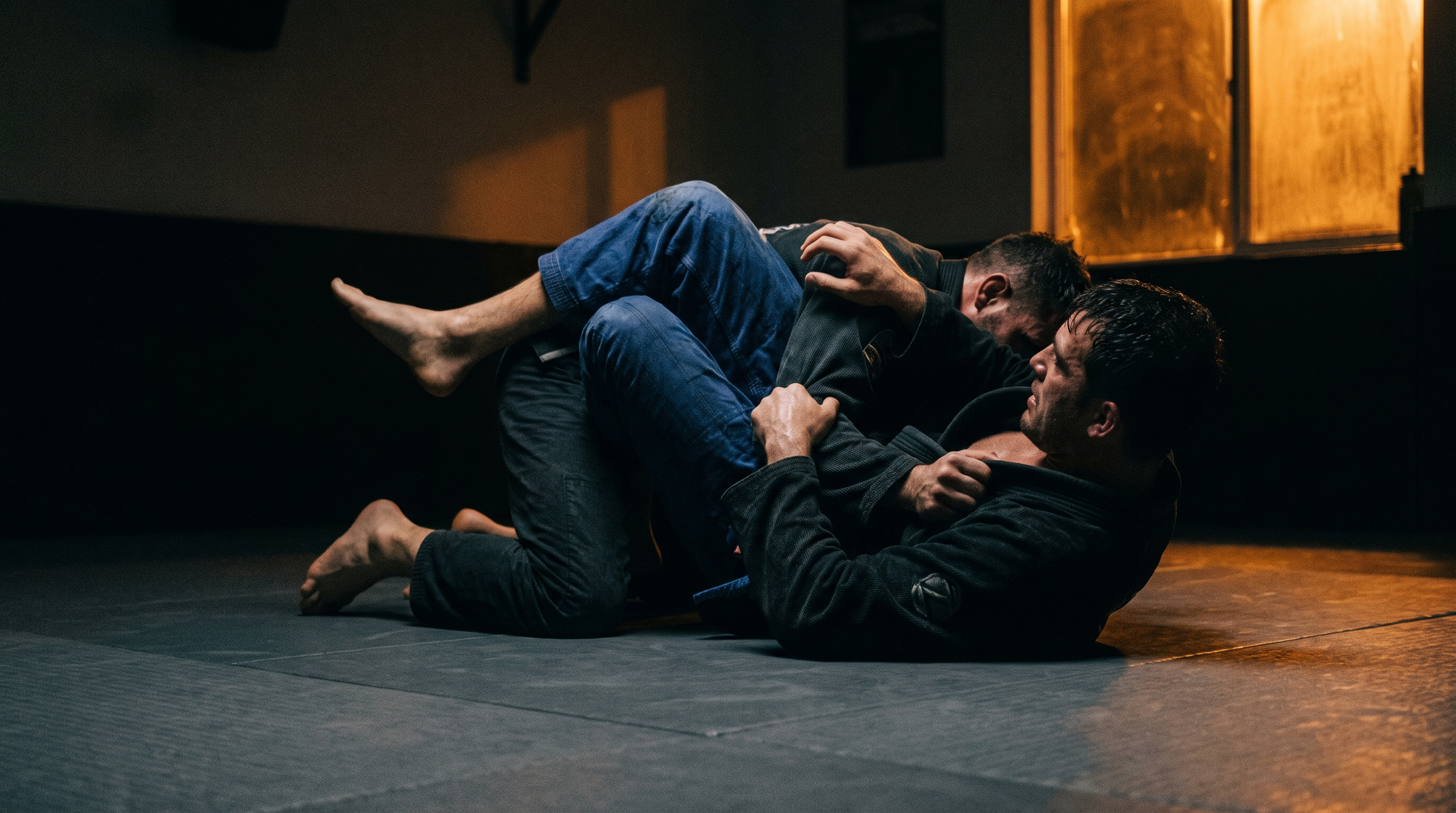 Bottom grappler working an underhook and knee shield from half guard on a dark BJJ mat.