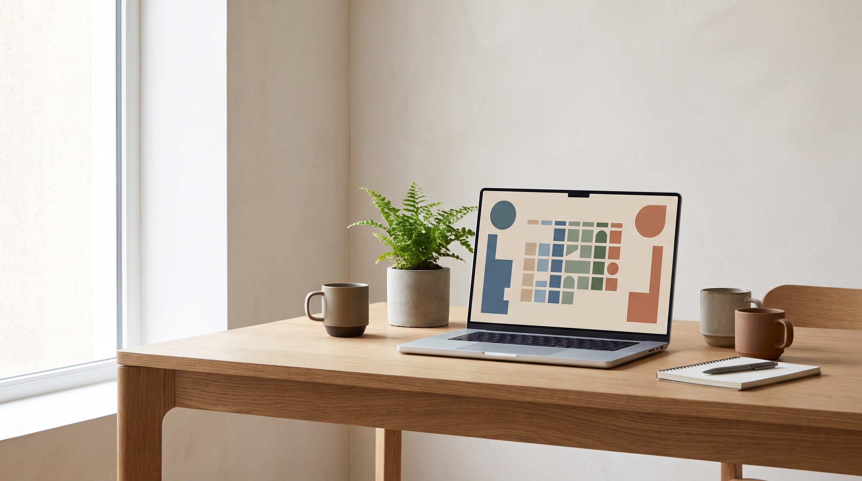 Écran d'ordinateur montrant une interface de prise de rendez-vous en ligne sur un bureau lumineux au design suisse épuré