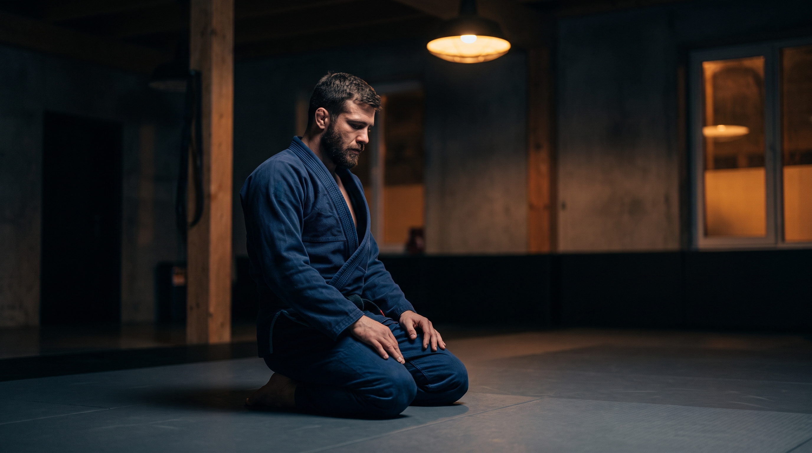 Adult grappler in a dark blue gi kneeling on a jiu-jitsu mat in a quiet academy, reflecting between training rounds.