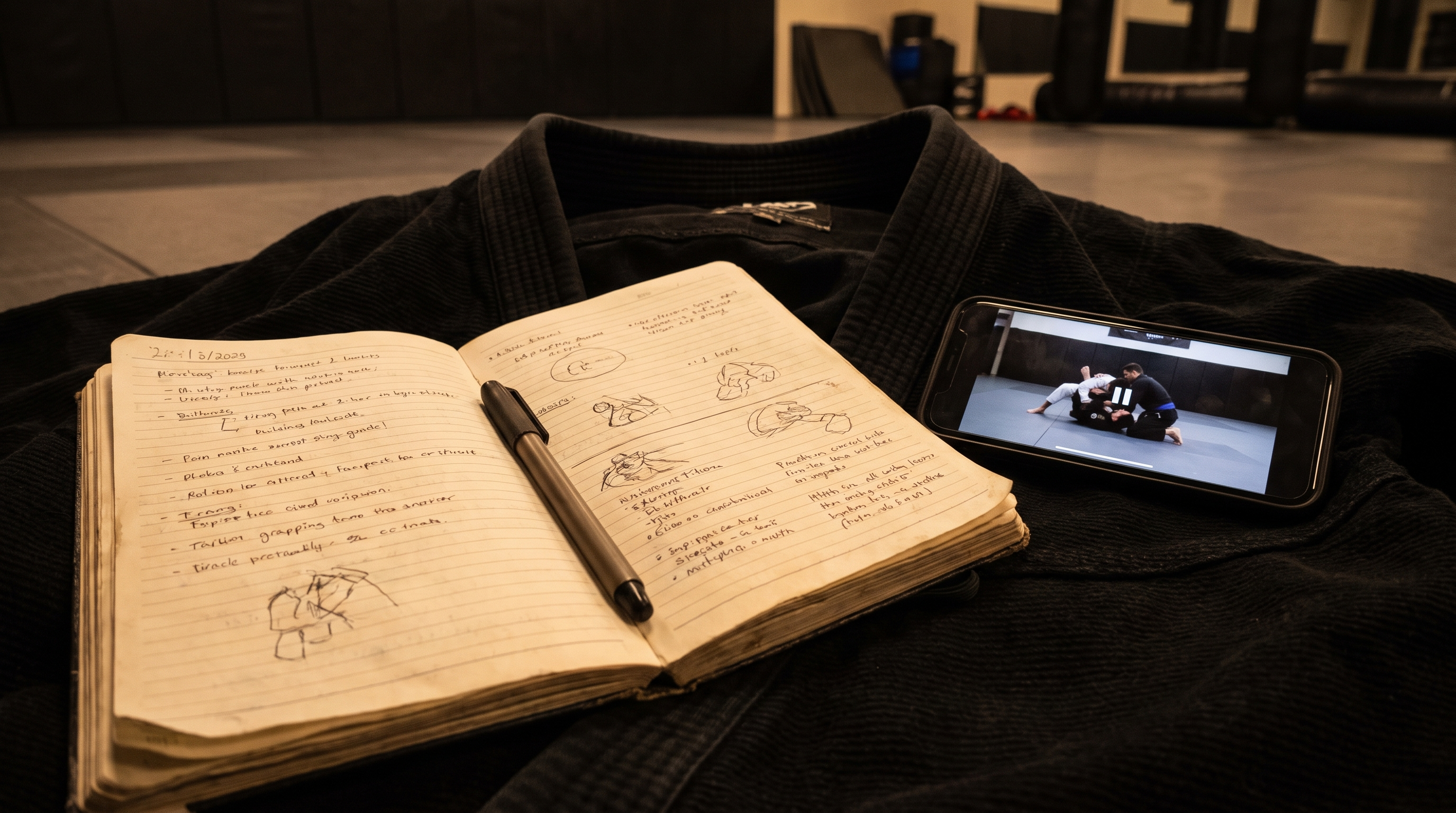 Open notebook and phone with a paused technique clip resting on a folded black gi after a BJJ seminar.