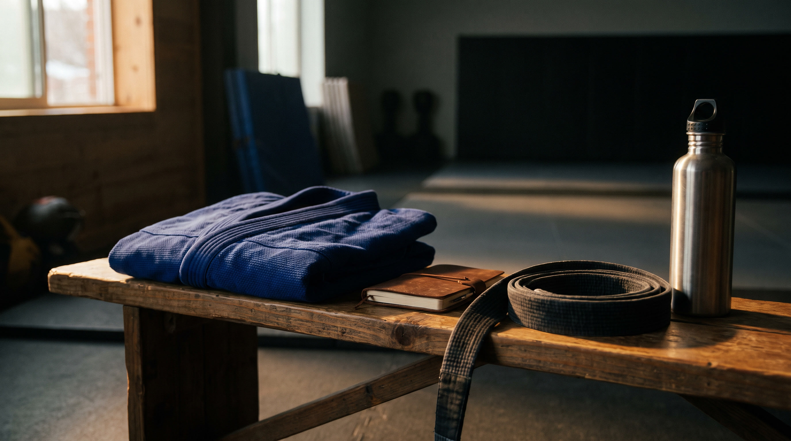 A folded BJJ gi, belt, notebook and water bottle on a bench in a quiet jiu-jitsu academy the week before a tournament.