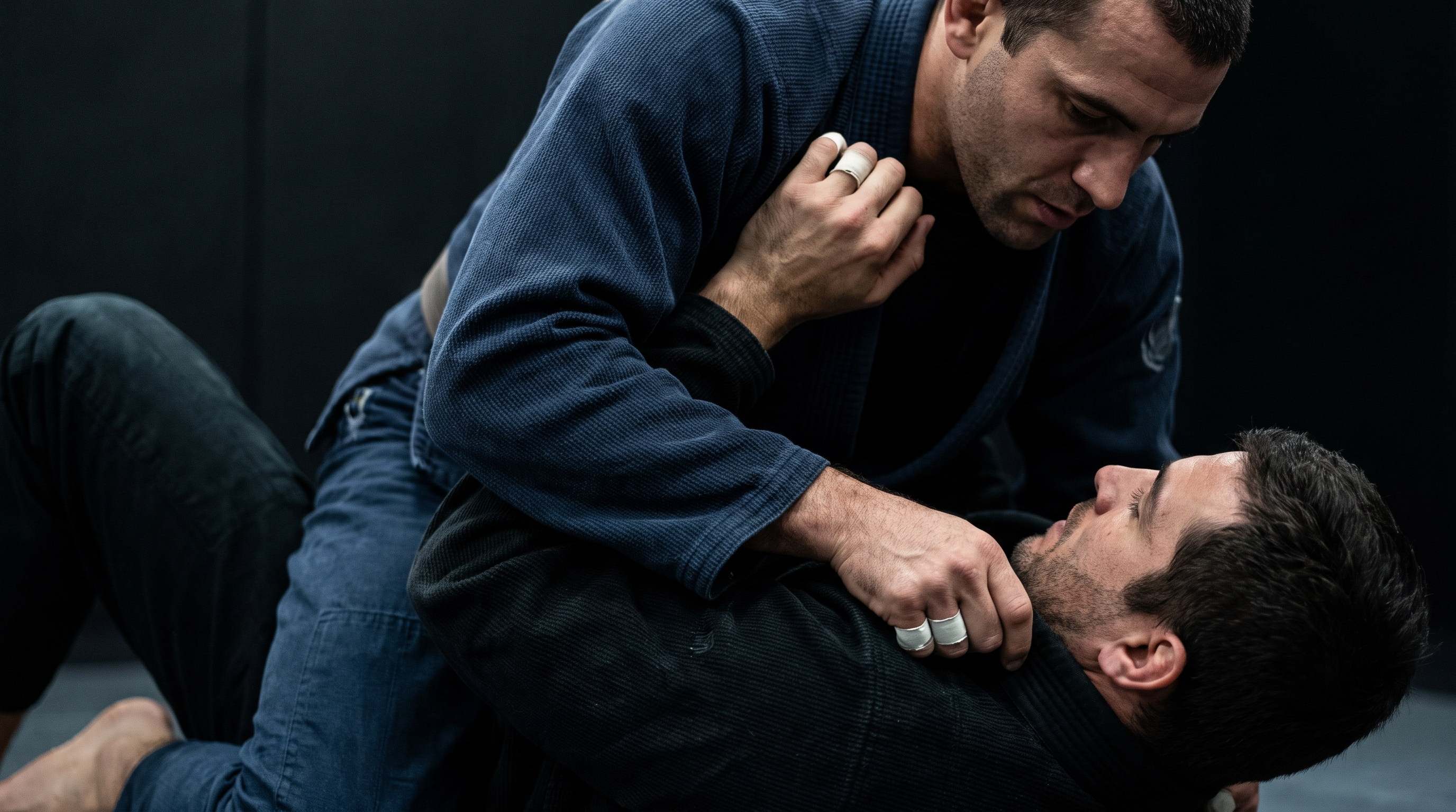 BJJ practitioner in mount setting a deep first grip for the cross collar choke on a training partner in a dark gi.