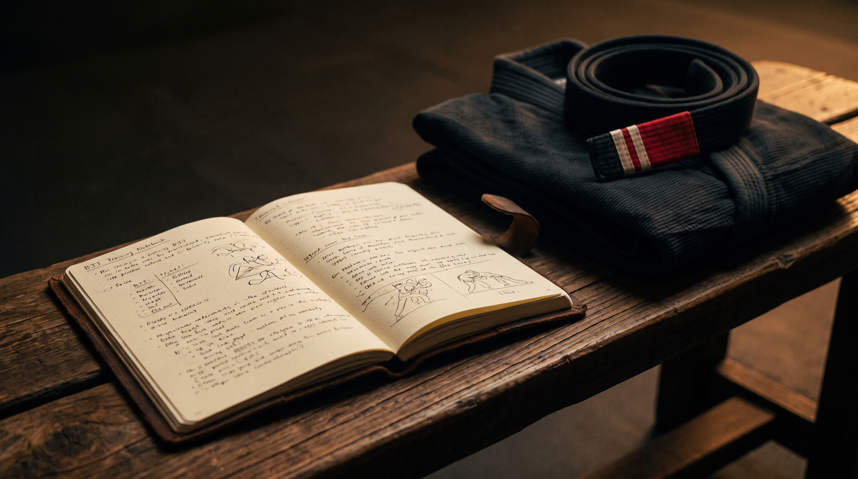 Open BJJ training notebook next to a folded gi and belt on a bench in low light.