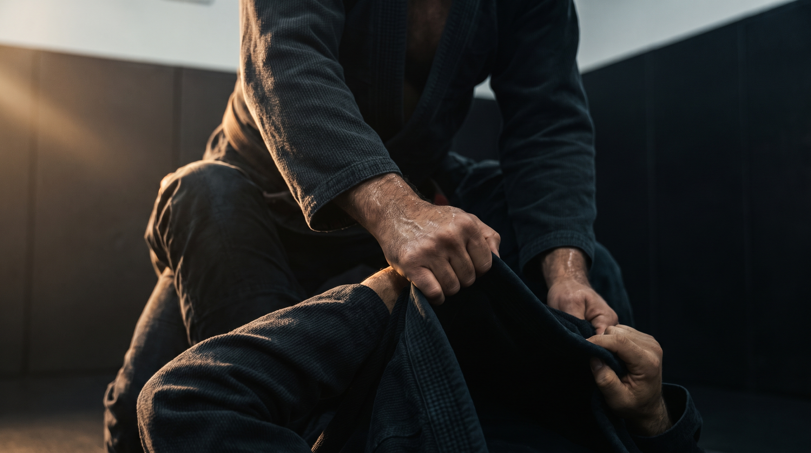 Top player in mount setting a deep cross-collar grip on the bottom player's gi.