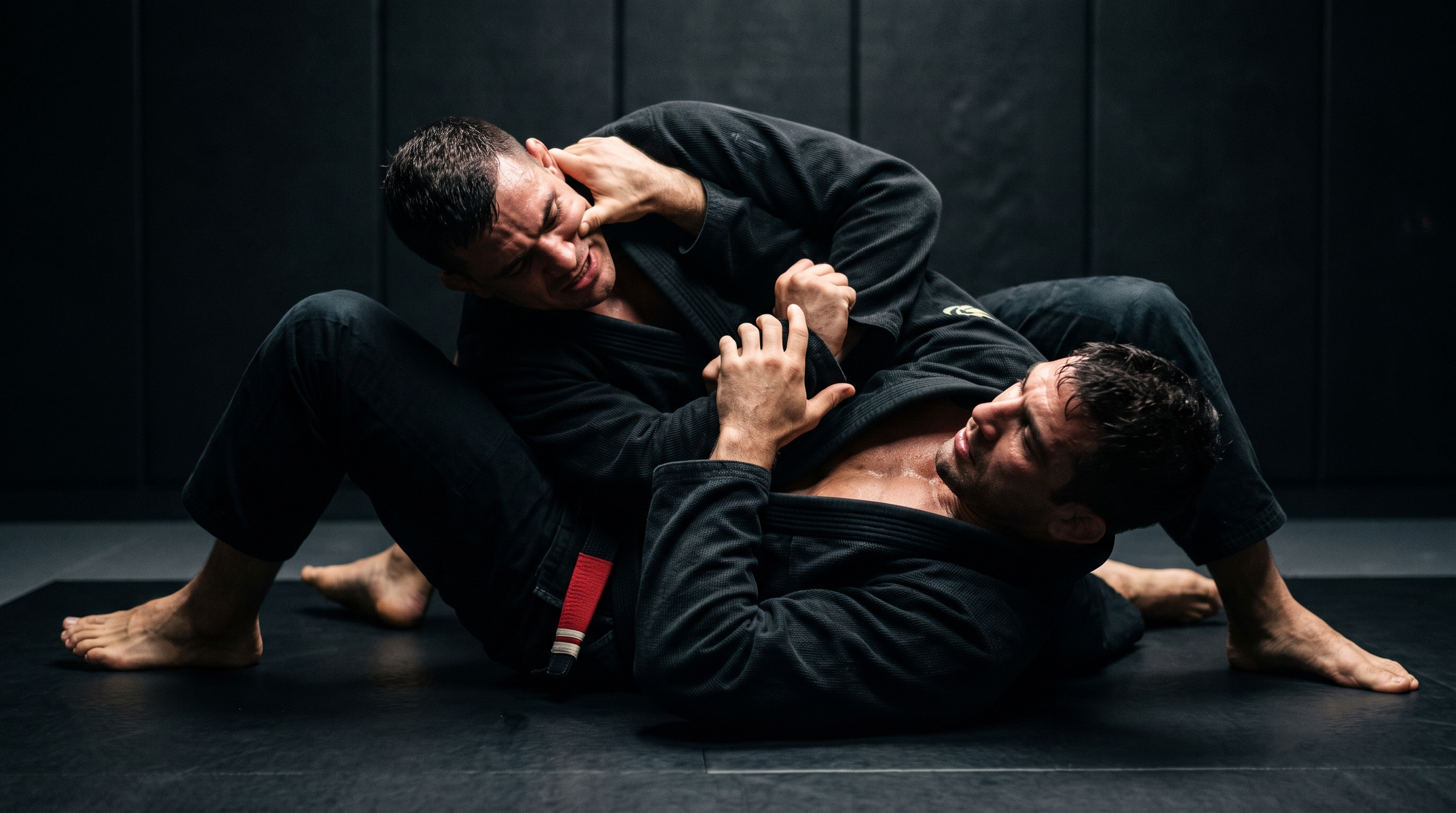 BJJ practitioner framing and turning to their side to escape a flattened half guard bottom position.
