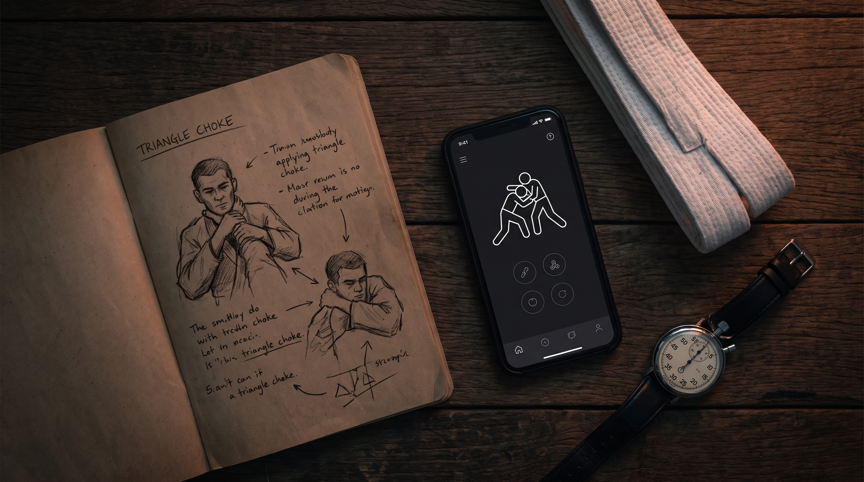 Flat-lay of a paper BJJ notebook, a smartphone showing a technique card, and a folded belt on dark wood.