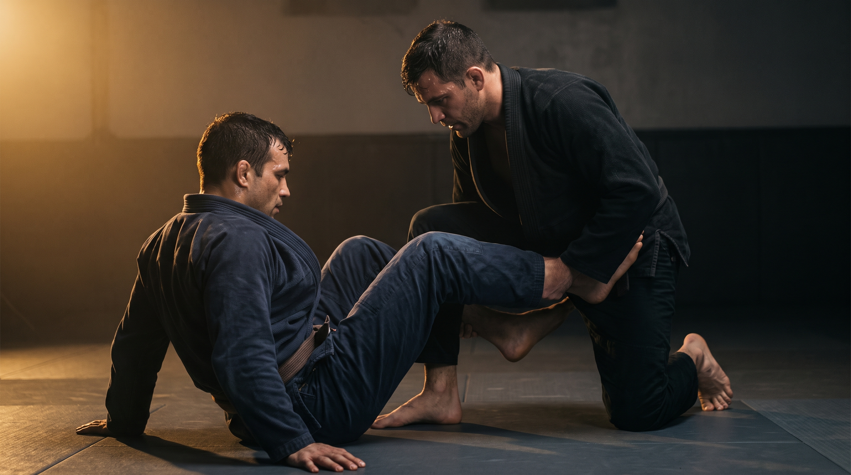 A grappler in a gi playing X-guard under a standing training partner on a dark mat.