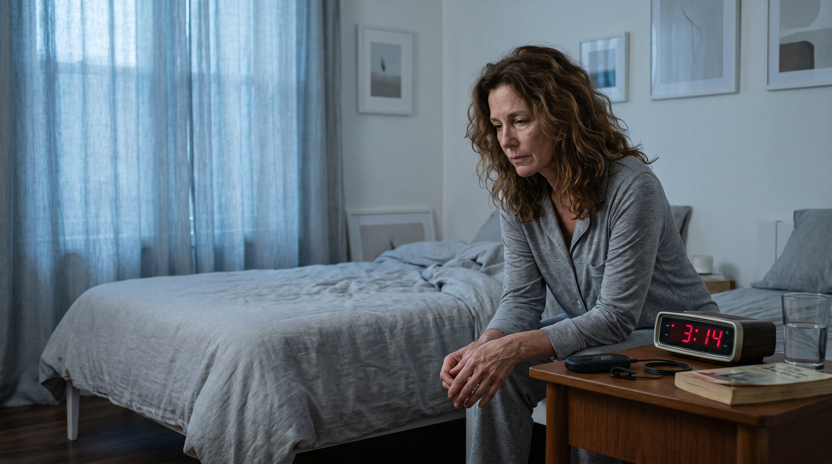 A woman sits on the edge of her bed at 3:14 a.m.