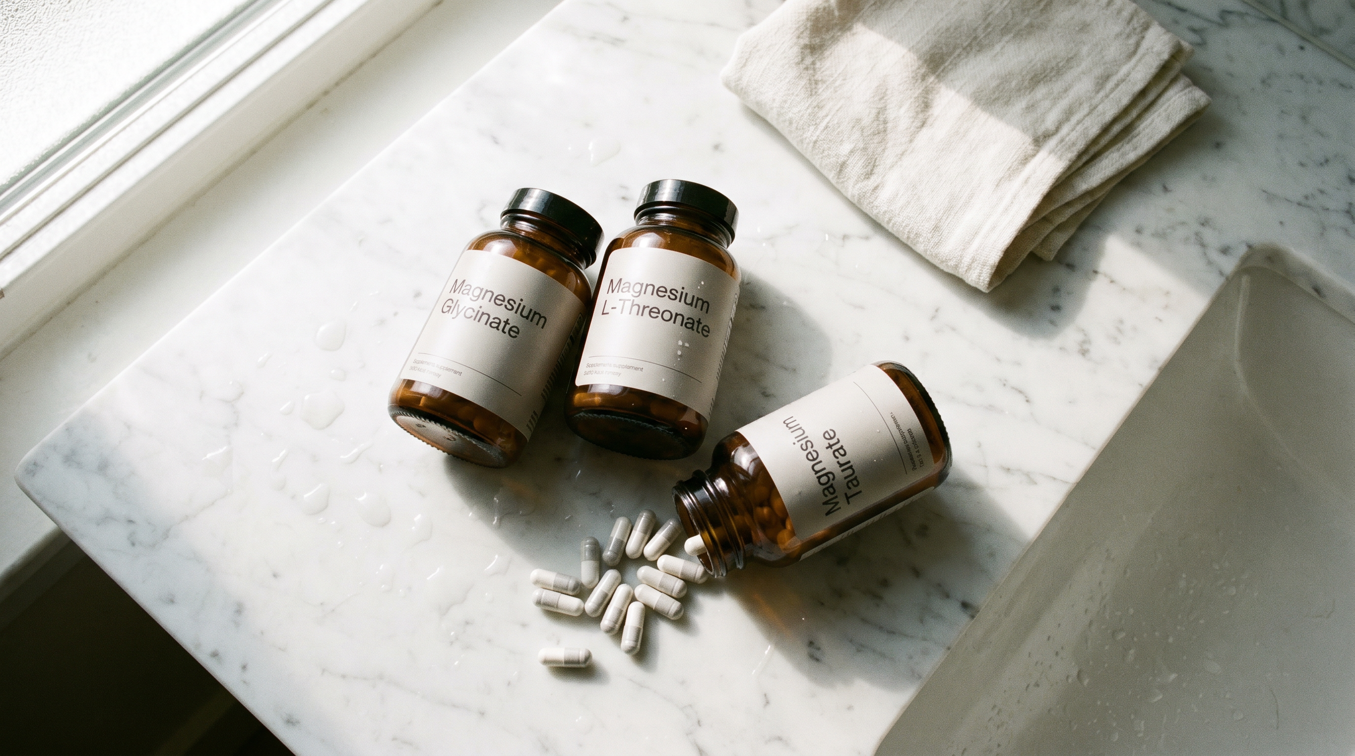 Three magnesium supplement bottles on a marble counter, one tipped on its side with capsules spilling out.