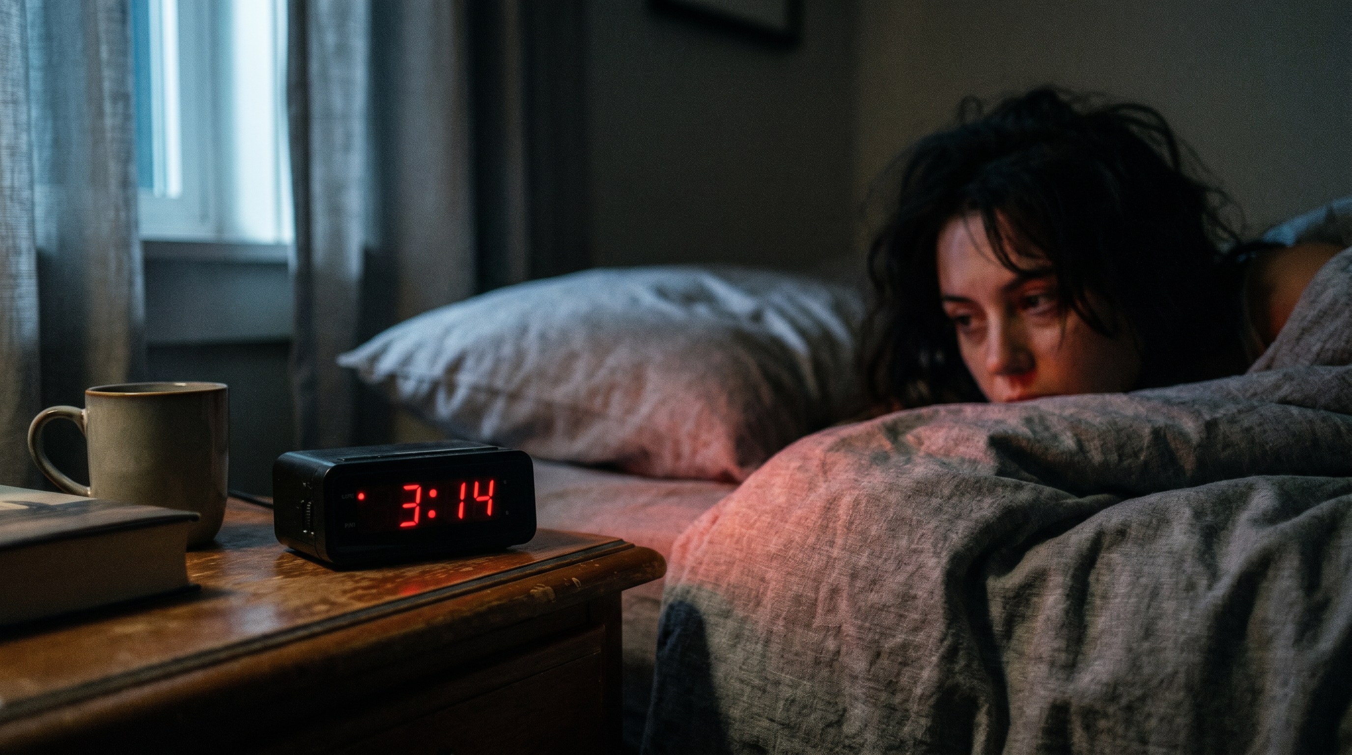 A bedside alarm clock glowing 3:14 in red, with a woman lying awake in the soft-blurred background.
