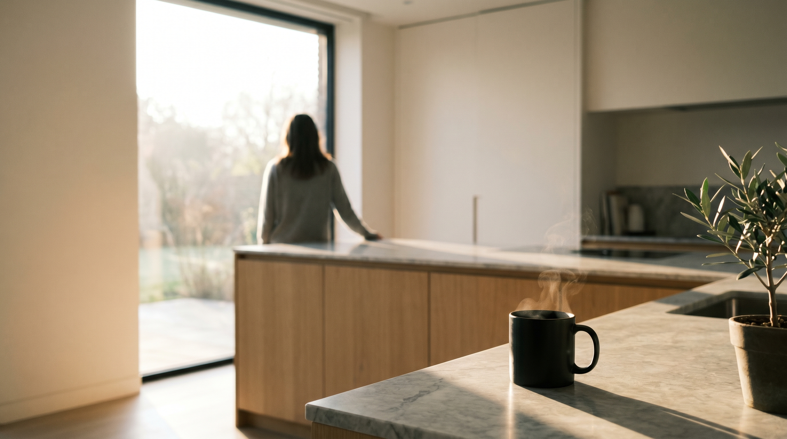 A single black coffee mug steaming on a marble counter, with a woman in soft-blurred silhouette at a sunlit window.