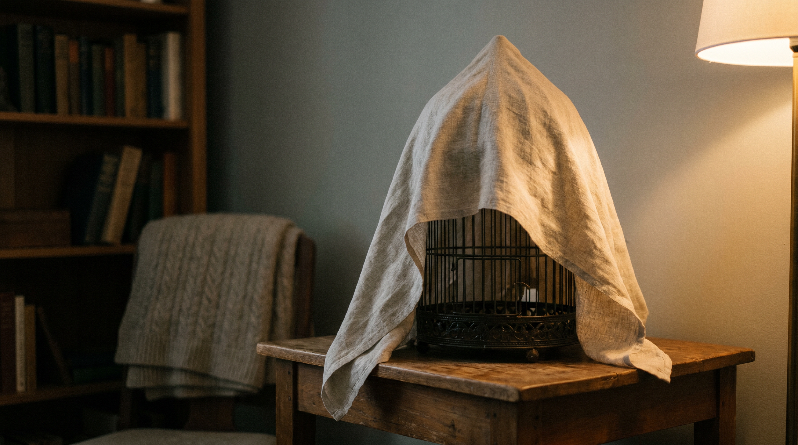 A vintage Victorian birdcage on a wooden side table draped with a linen cover, lit by a warm lamp.