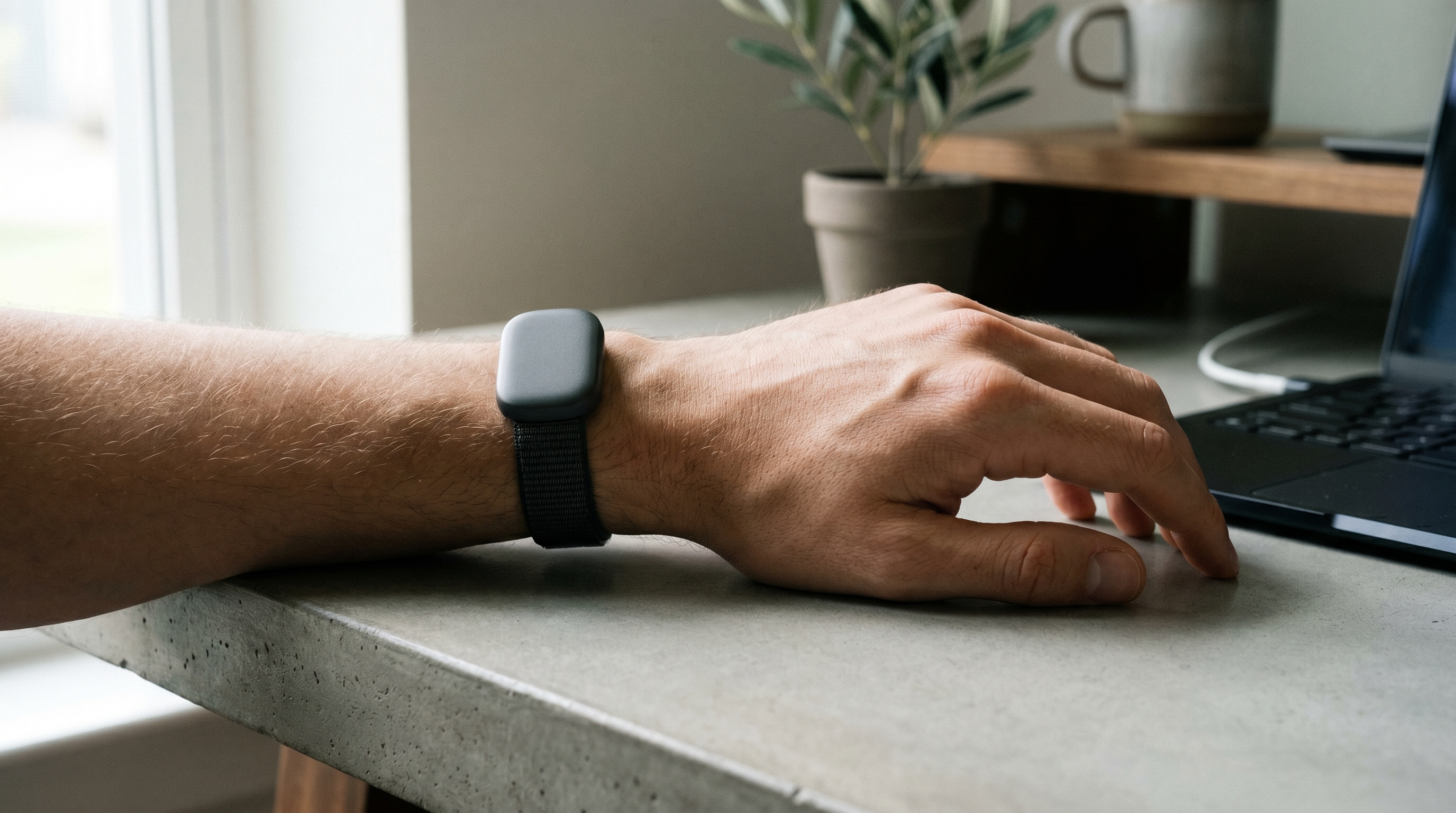 A wrist resting on a desk wearing a small dark-grey haptic wellness wristband.