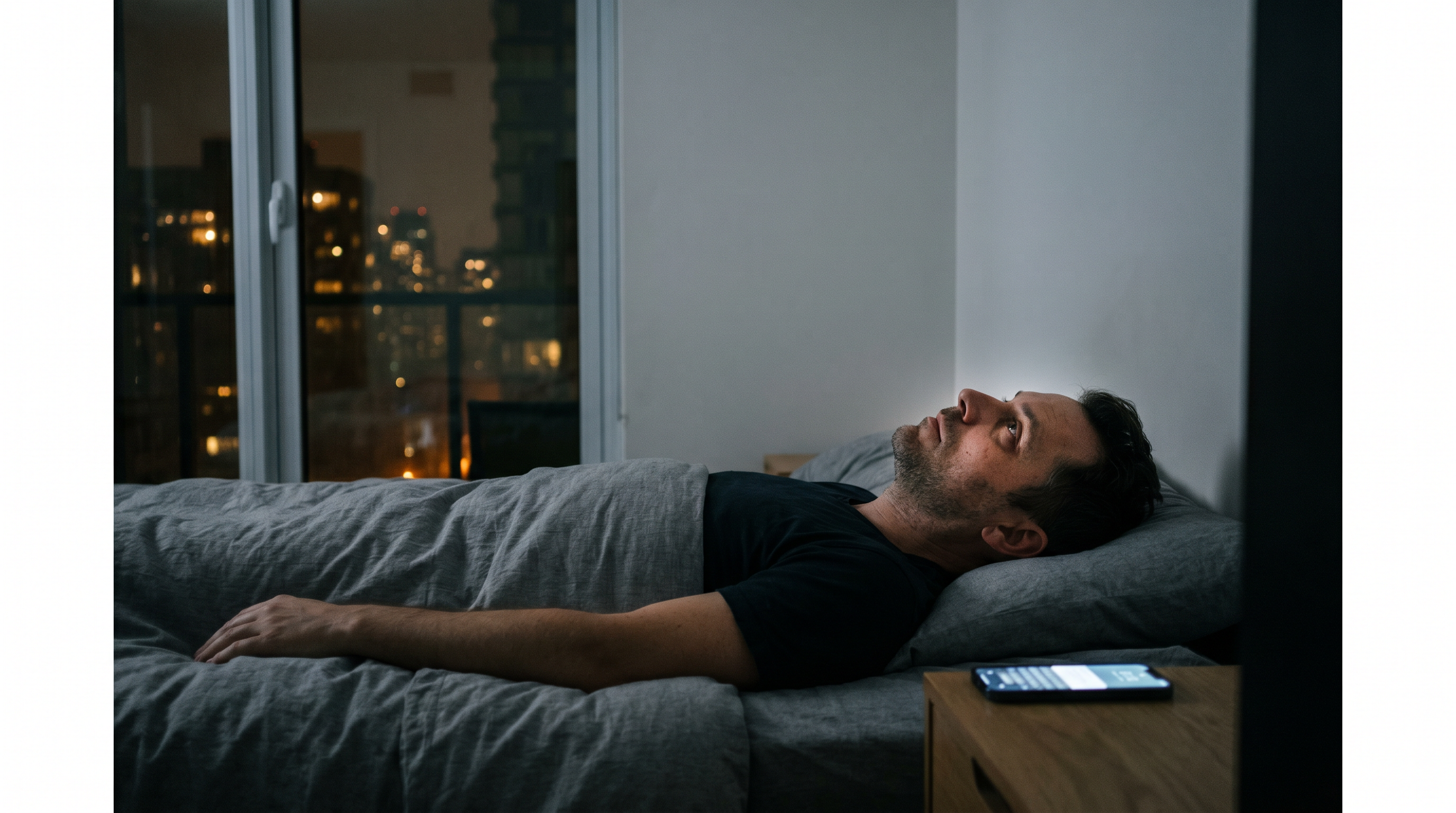 A man lies awake in bed at 2:14 a.m., faintly lit by the glow of his phone.