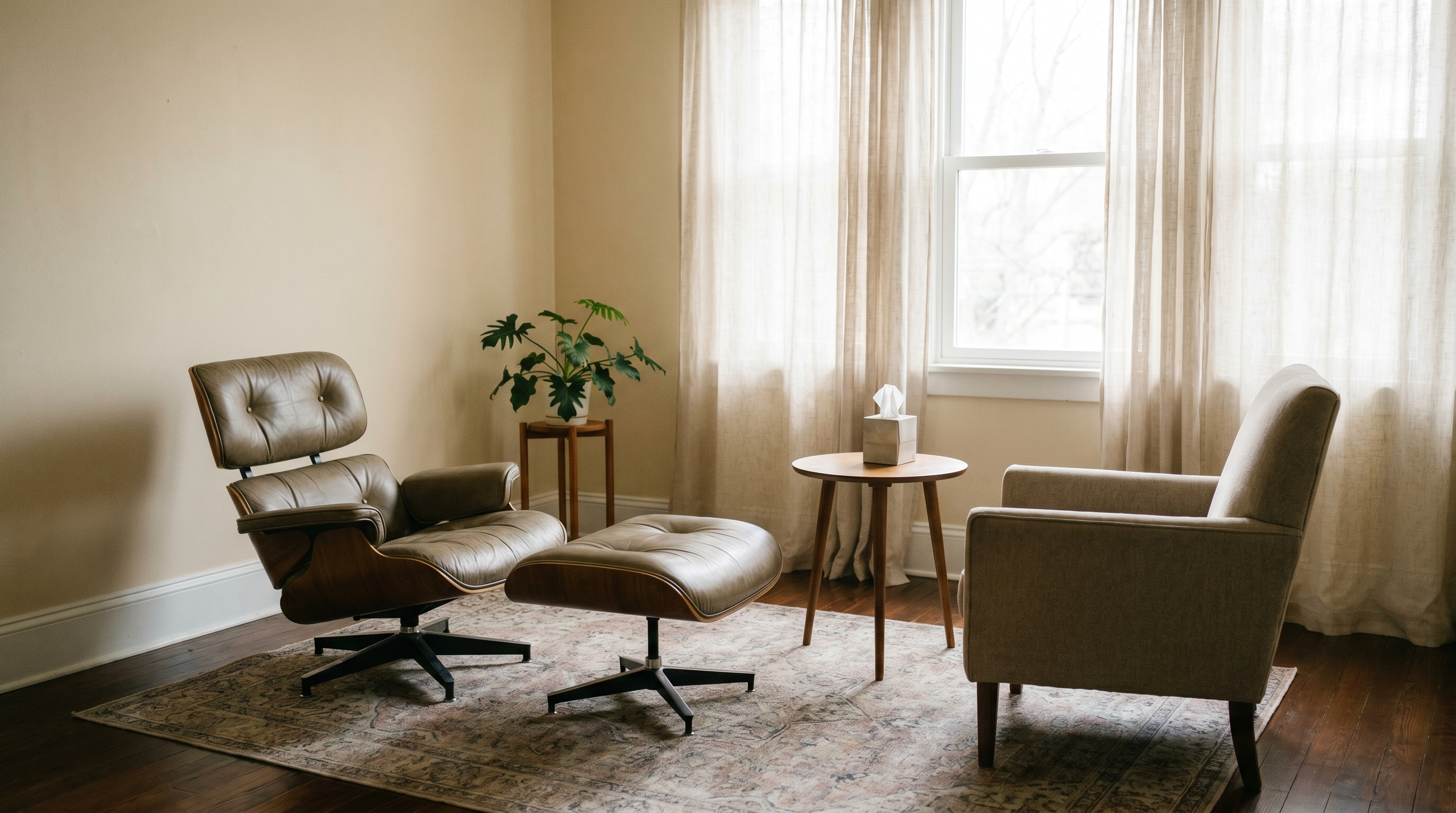 An empty therapy office with two chairs facing each other in soft afternoon light.