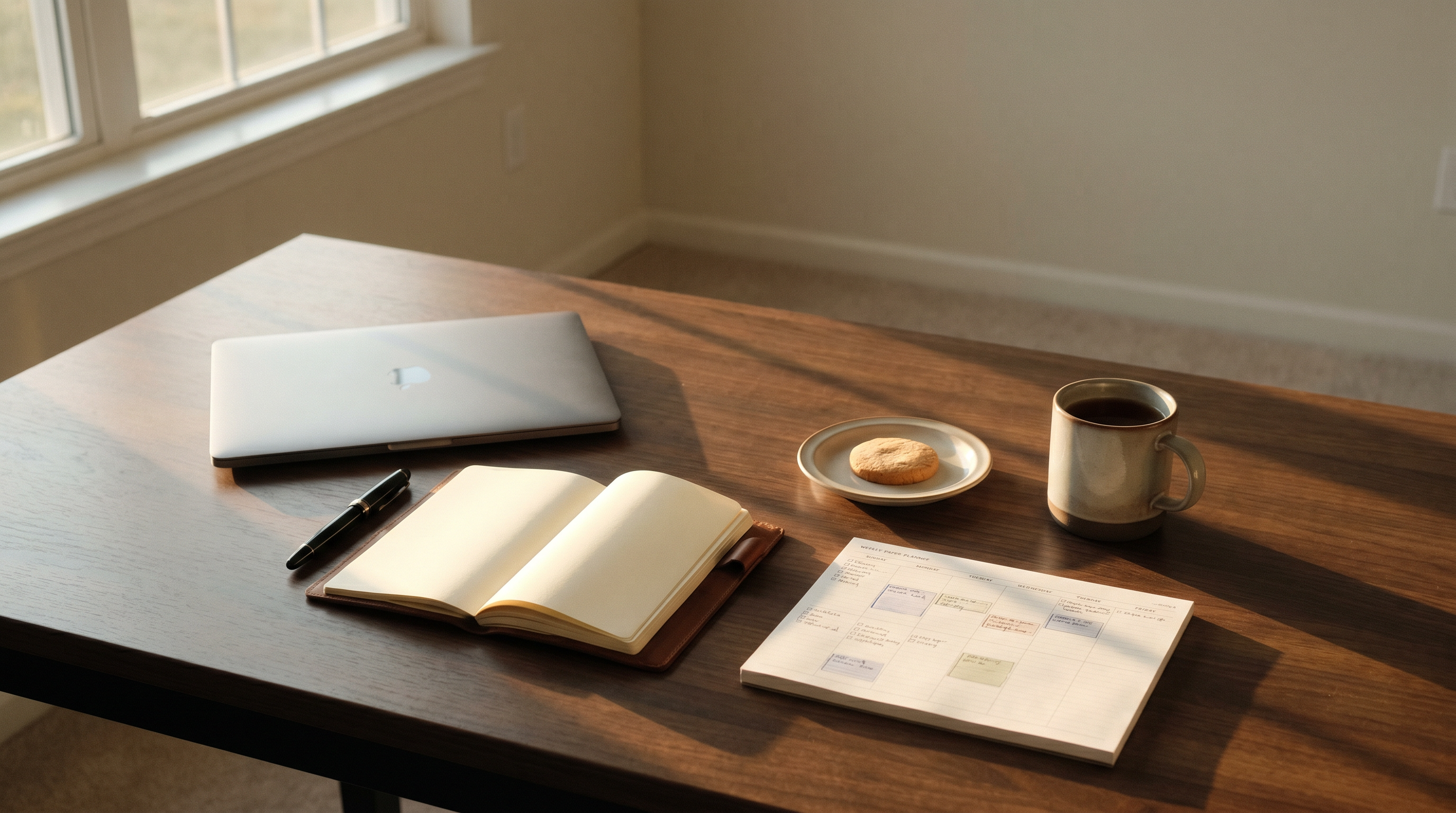 A Sunday afternoon desk with a closed laptop, a worn paper planner showing a busy week, and a cold mug of tea in golden hour light.