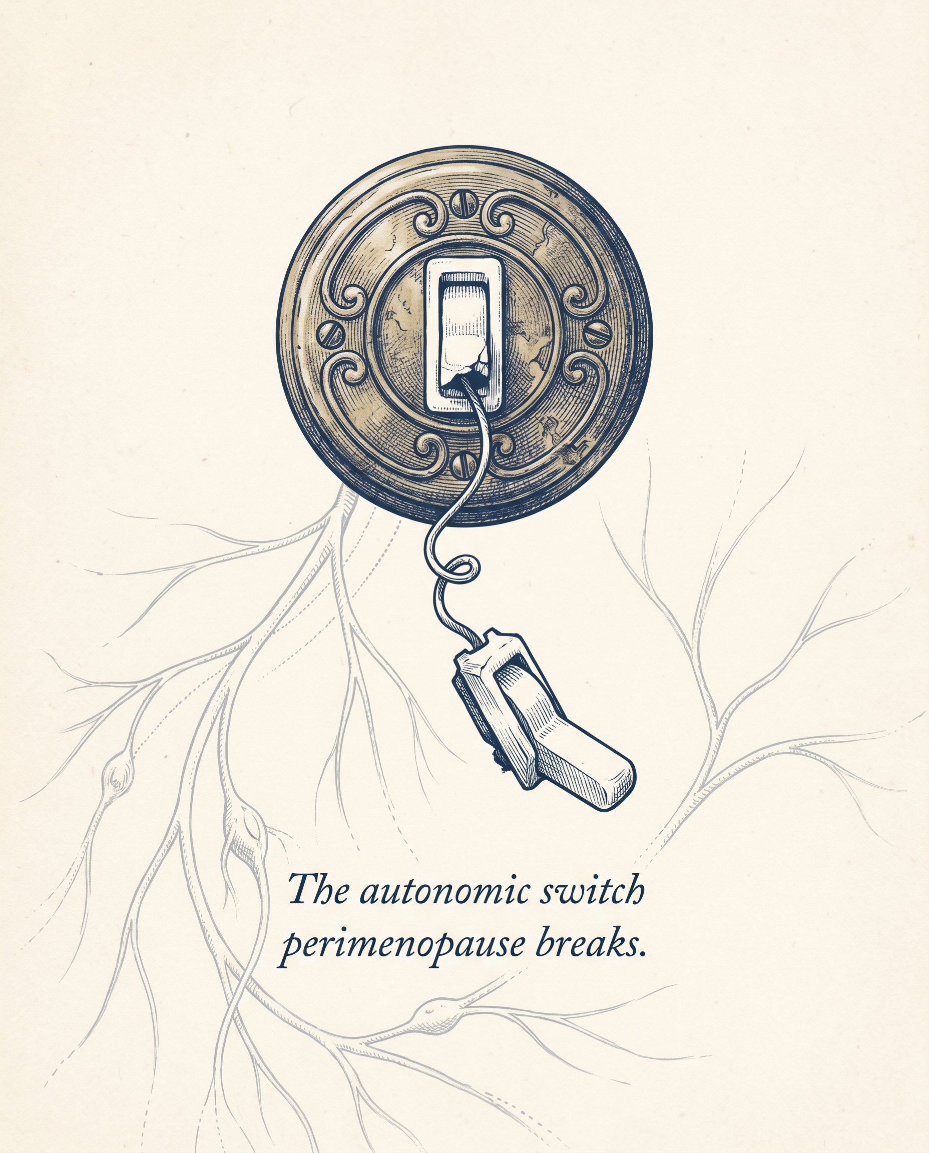 Editorial illustration of a literal broken vintage switch representing the autonomic off-switch perimenopause disrupts