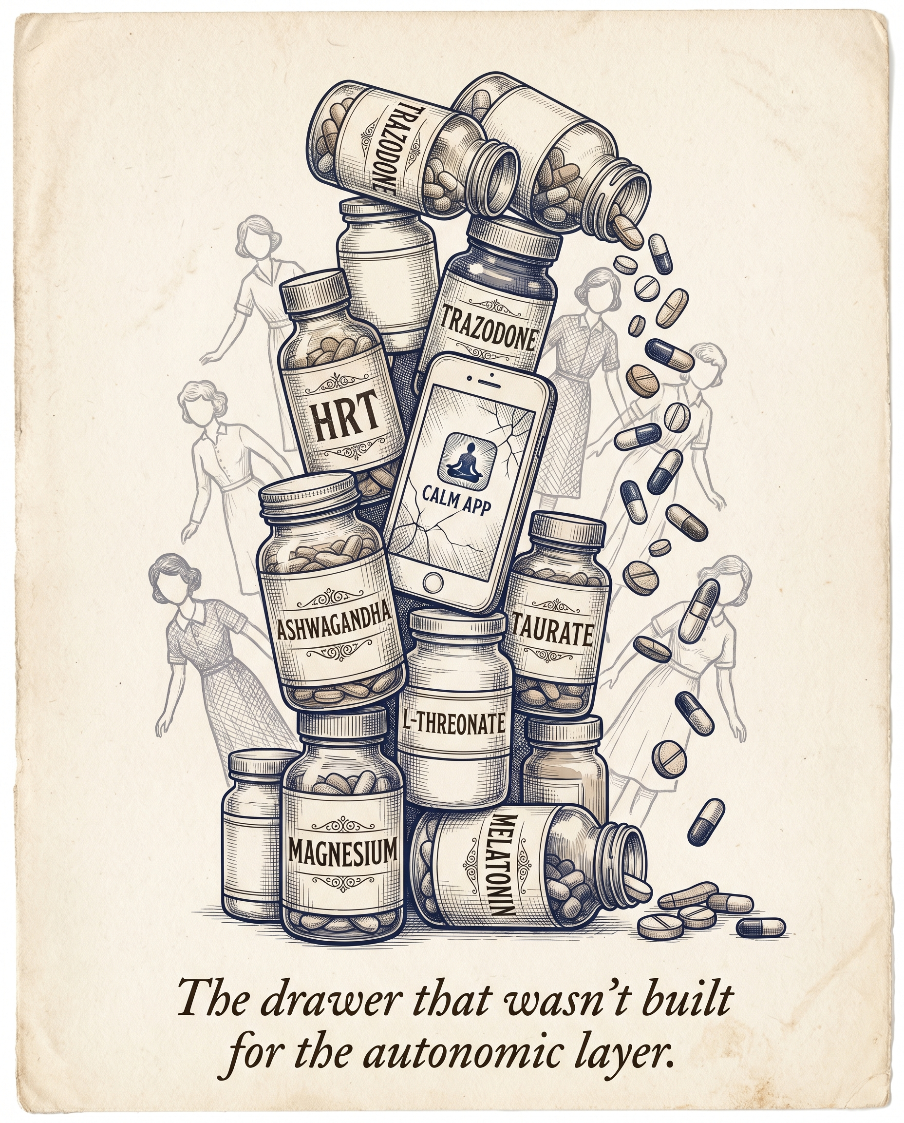 Vintage editorial illustration of a stack of supplement bottles and pill jars labeled magnesium, melatonin, ashwagandha, HRT, trazodone