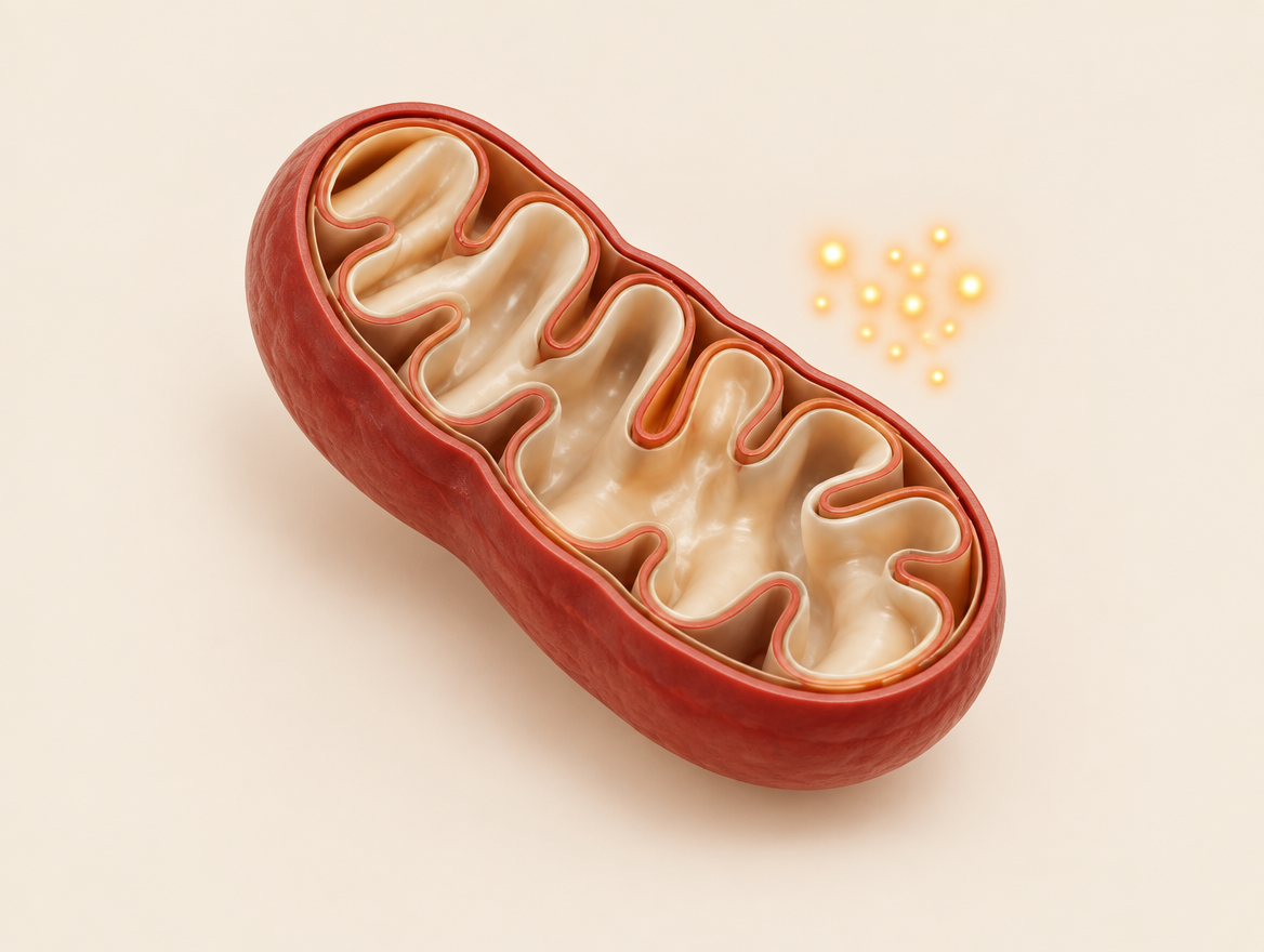 Conceptual cutaway of a mitochondrion with glowing points representing cellular energy