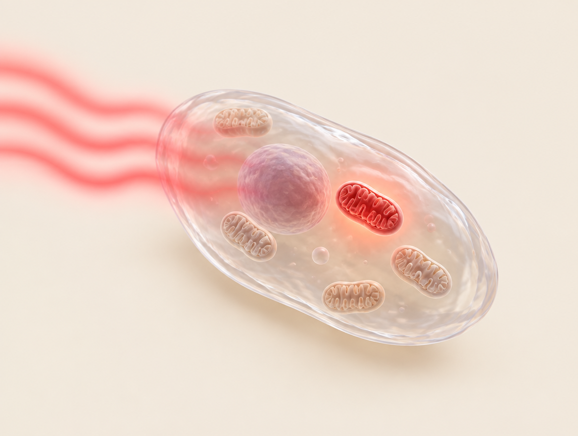 Simplified illustration of red light approaching a cell with mitochondria visible inside