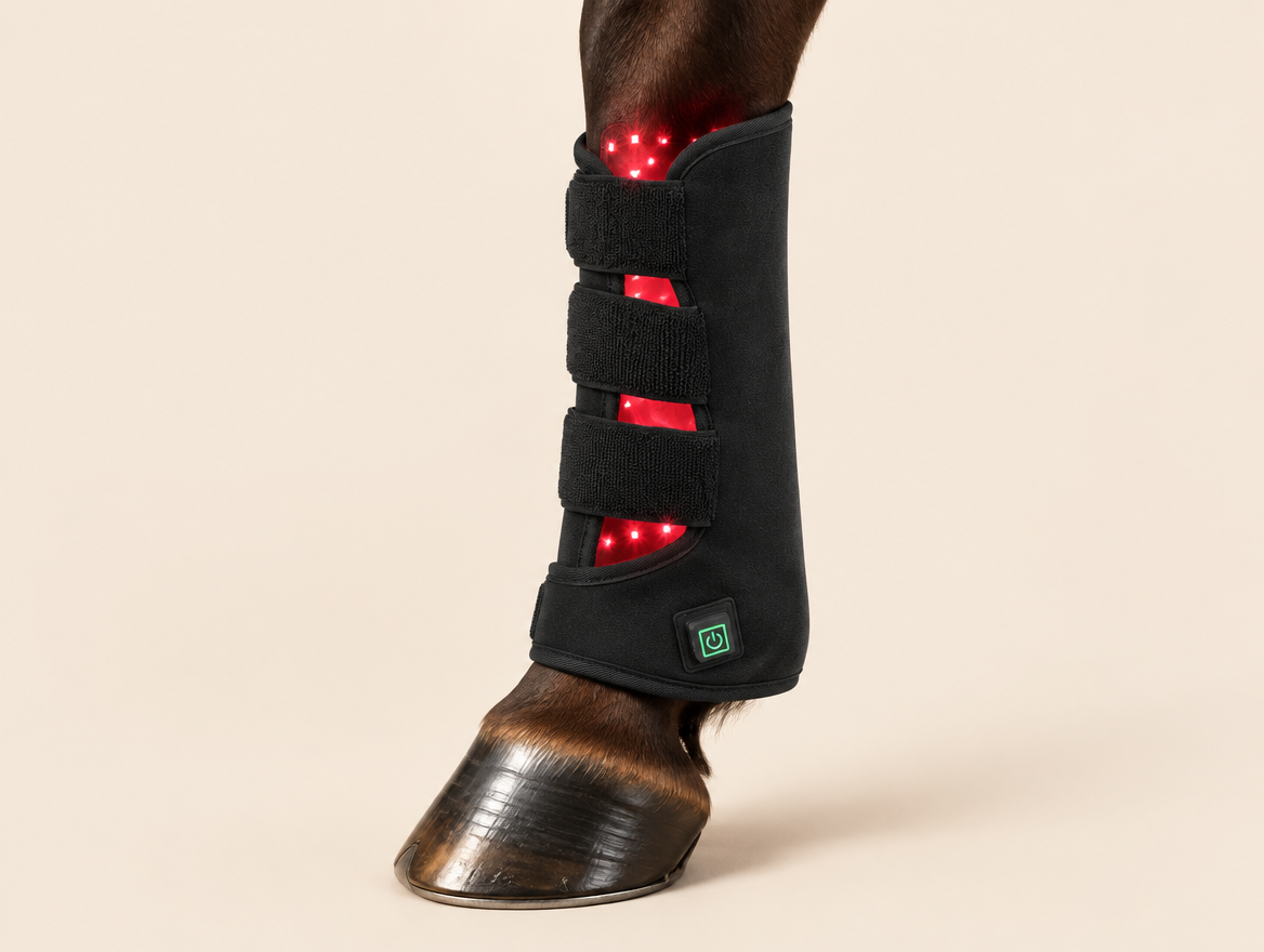 Conceptual illustration of a black LED wrap fitted around a horse’s lower leg