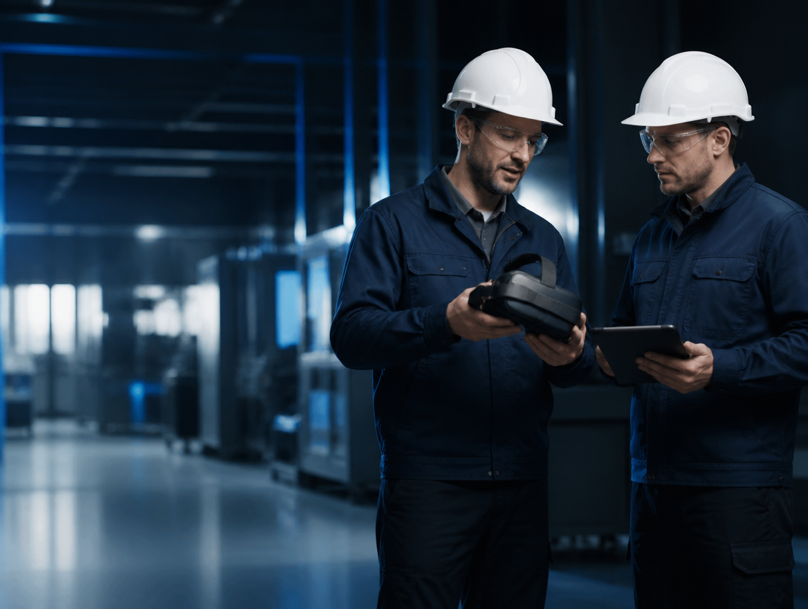 Rappresentazione di due professionisti che esplorano la formazione in realtà virtuale in un ambiente industriale