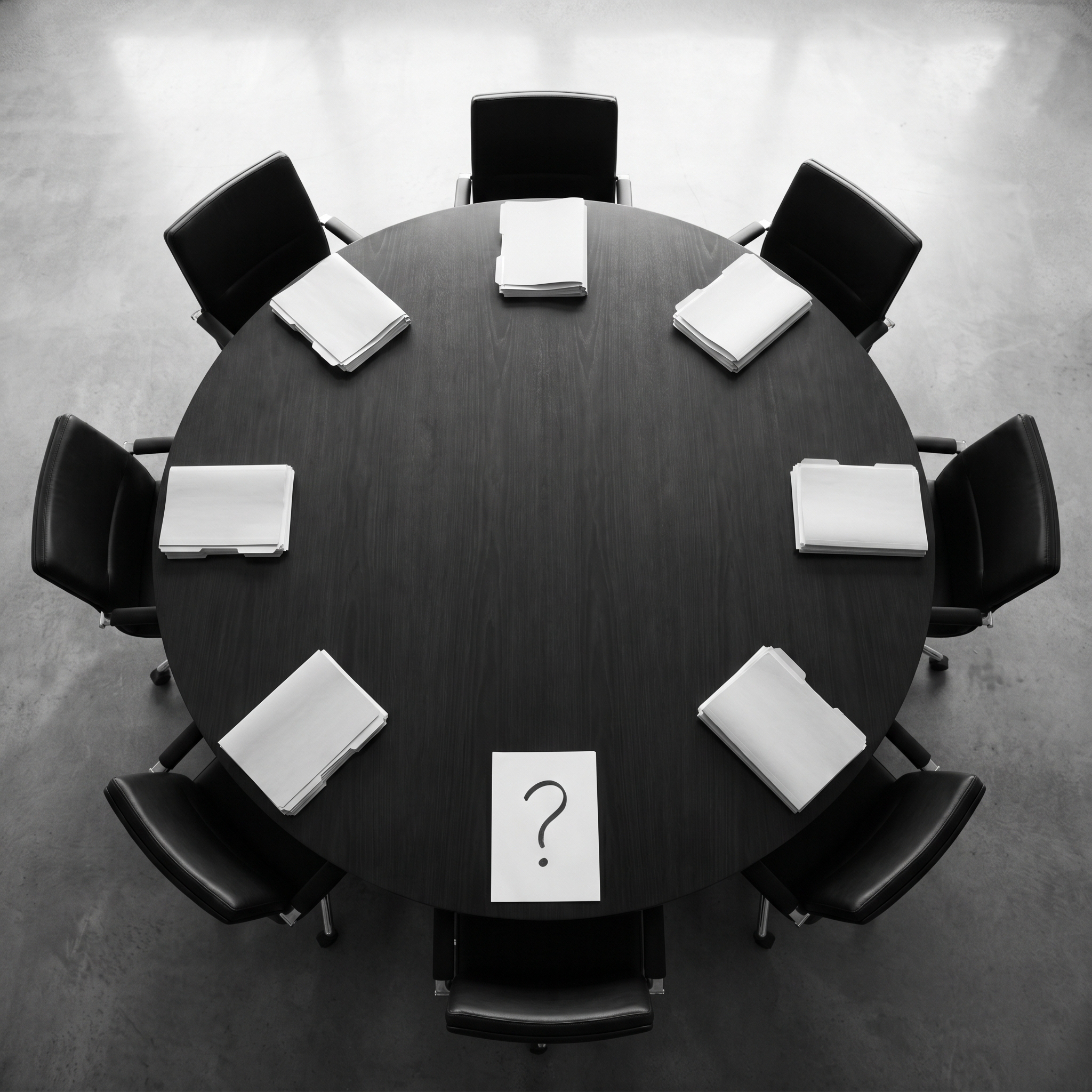 An aerial overhead of a round boardroom table — the seat the new director will take