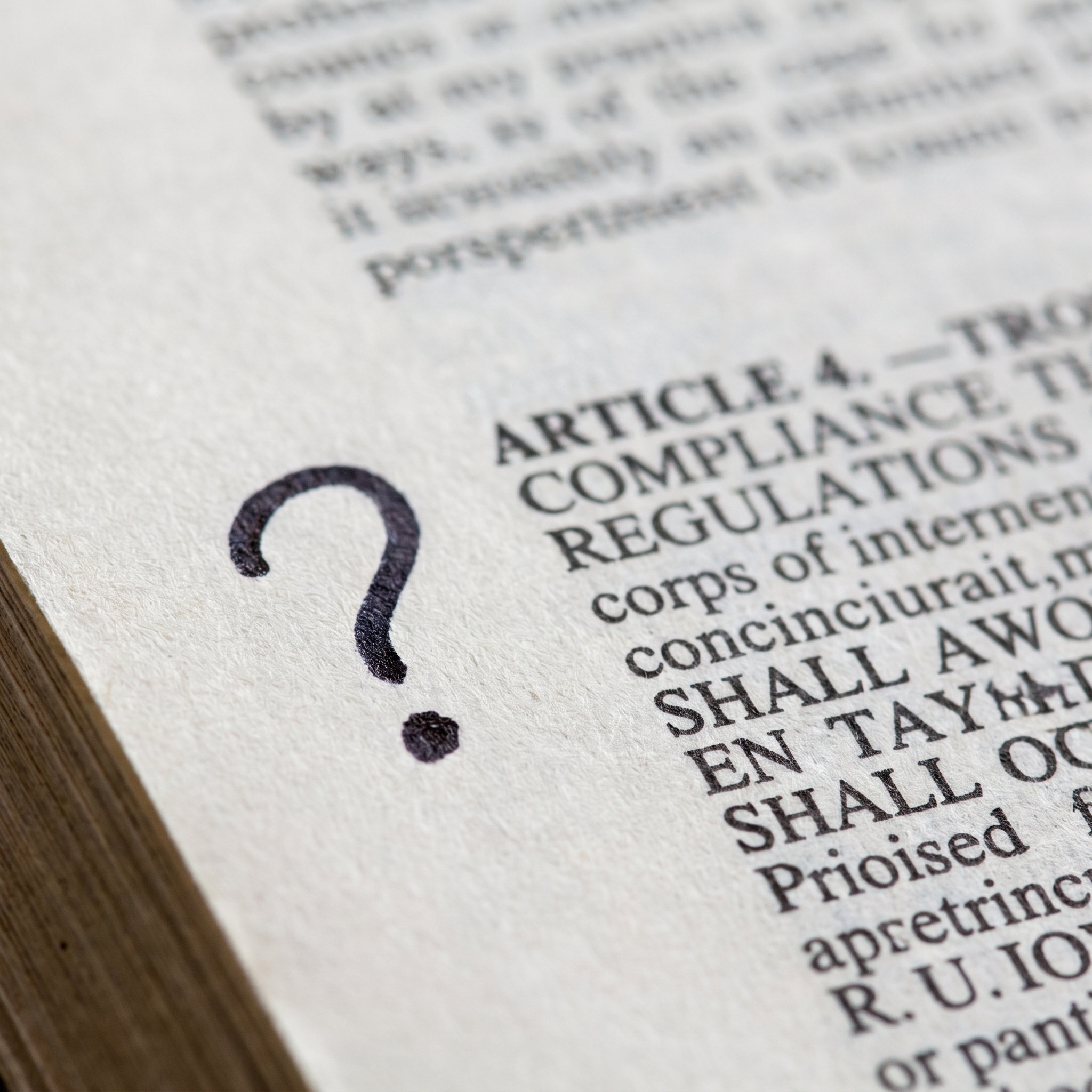 Governance document with a single deliberate question mark in the margin