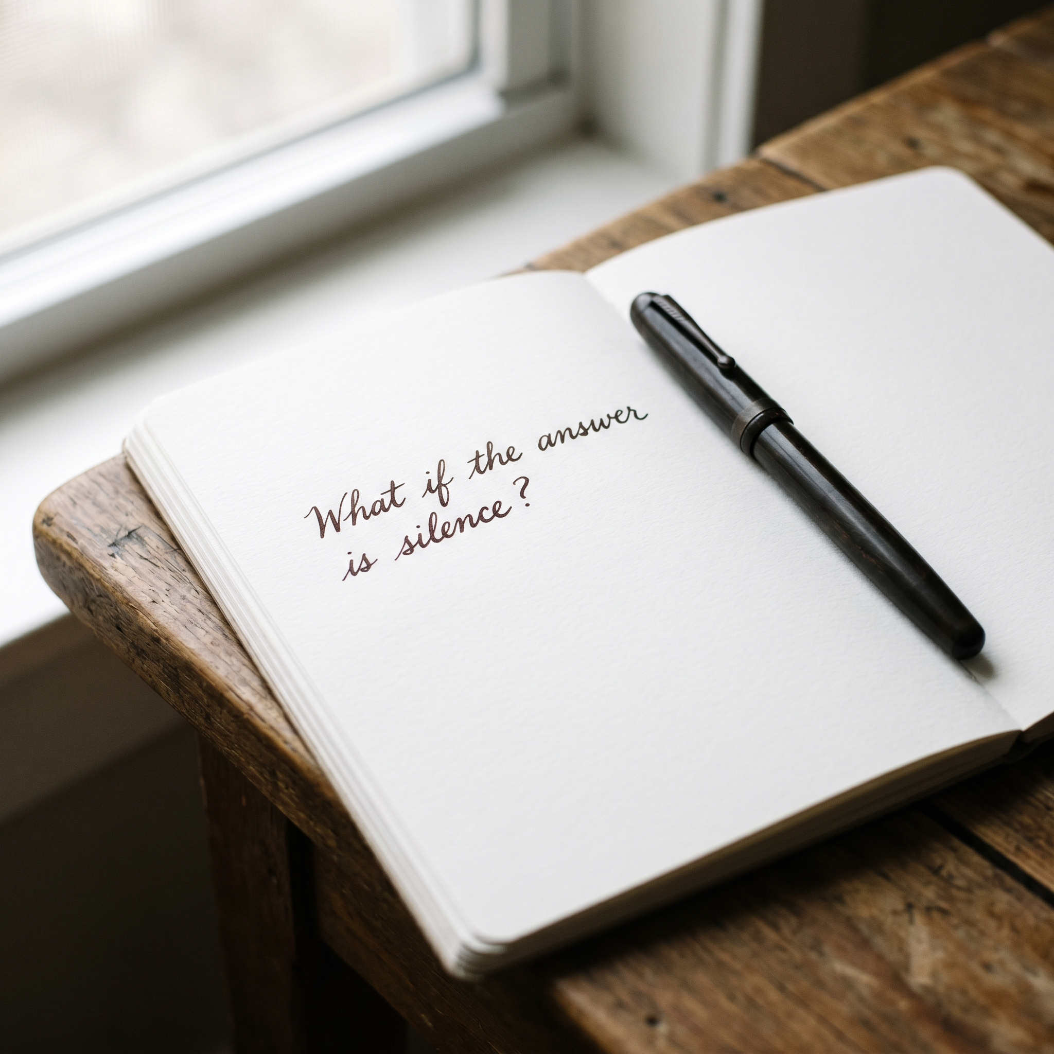 A white notebook with a single handwritten question, fountain pen at rest