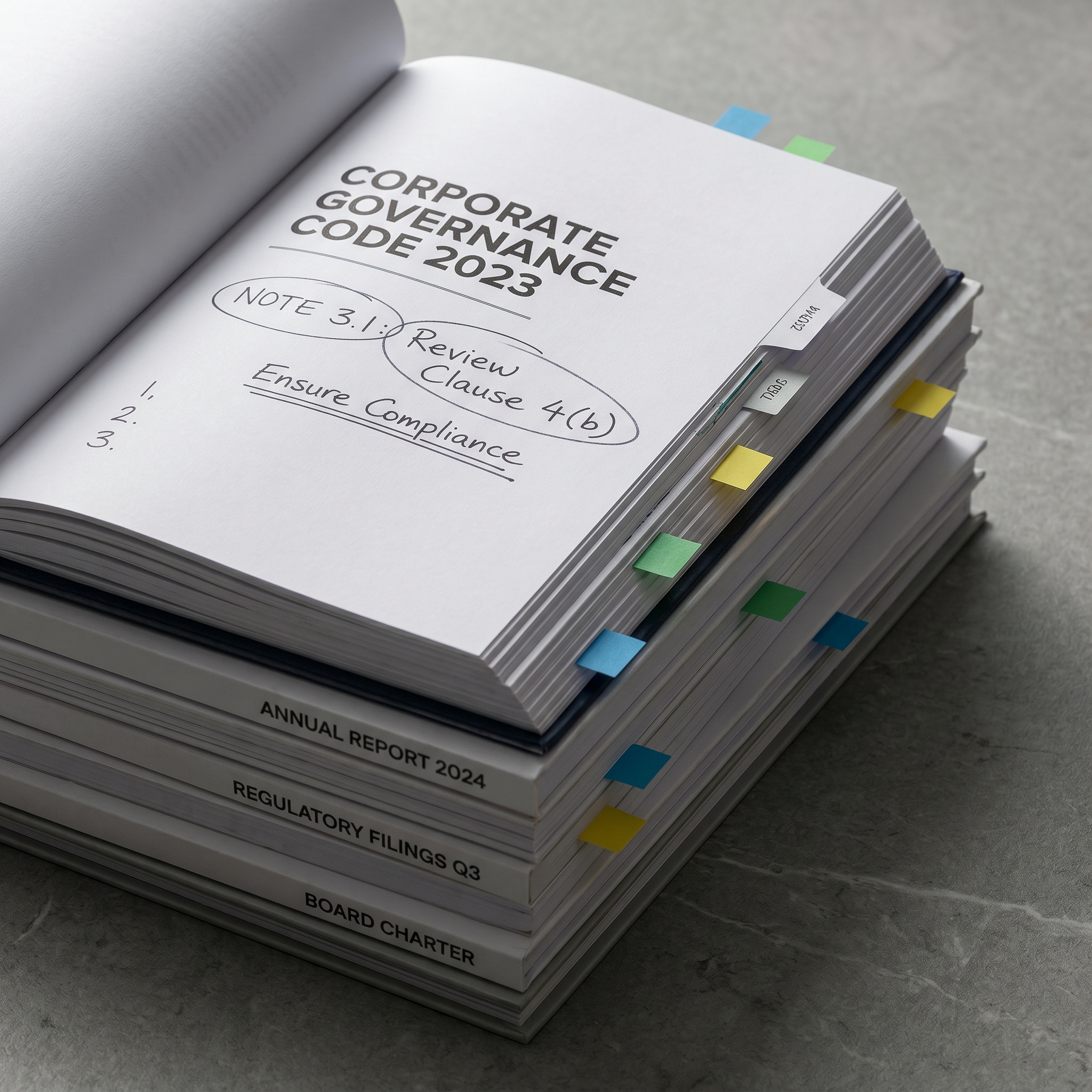 A stack of governance codes with surgical, methodical annotations