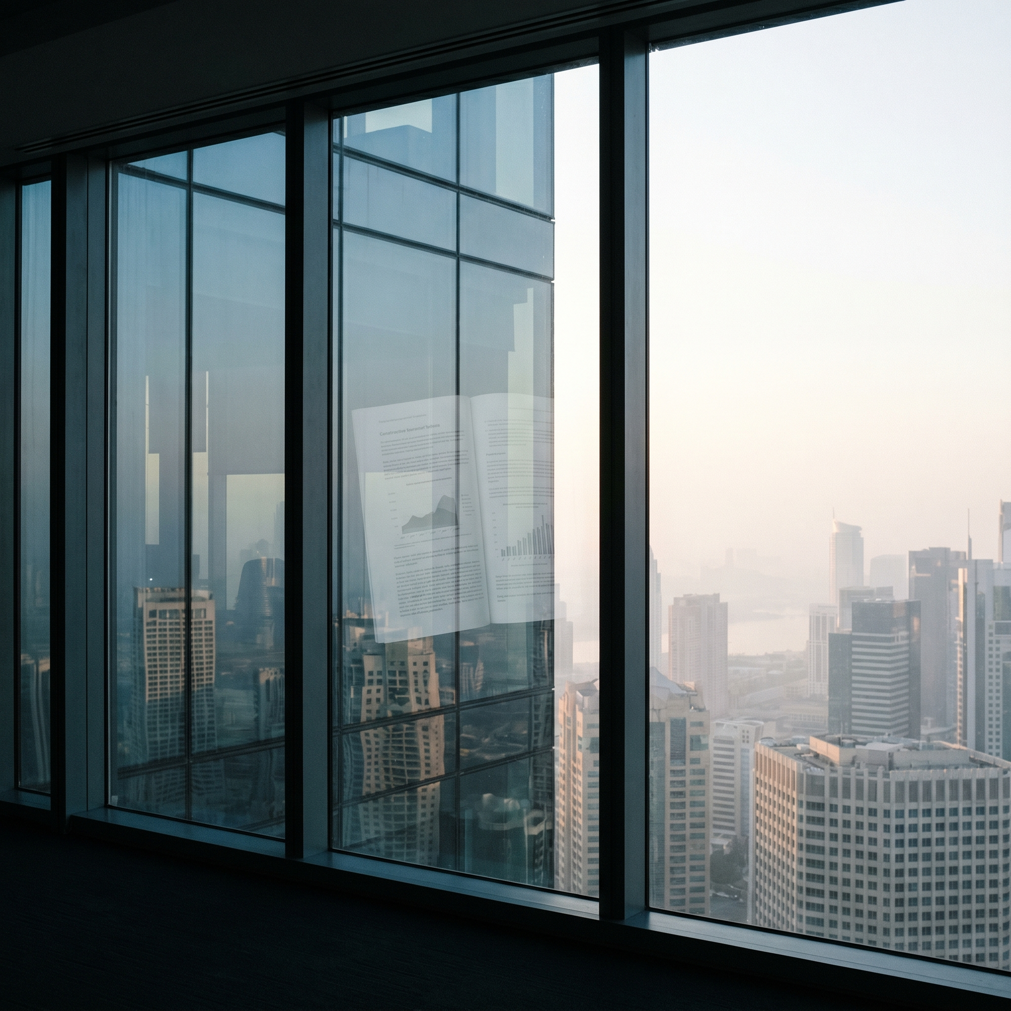 A city at dawn through a glass window with a document reflected in the pane
