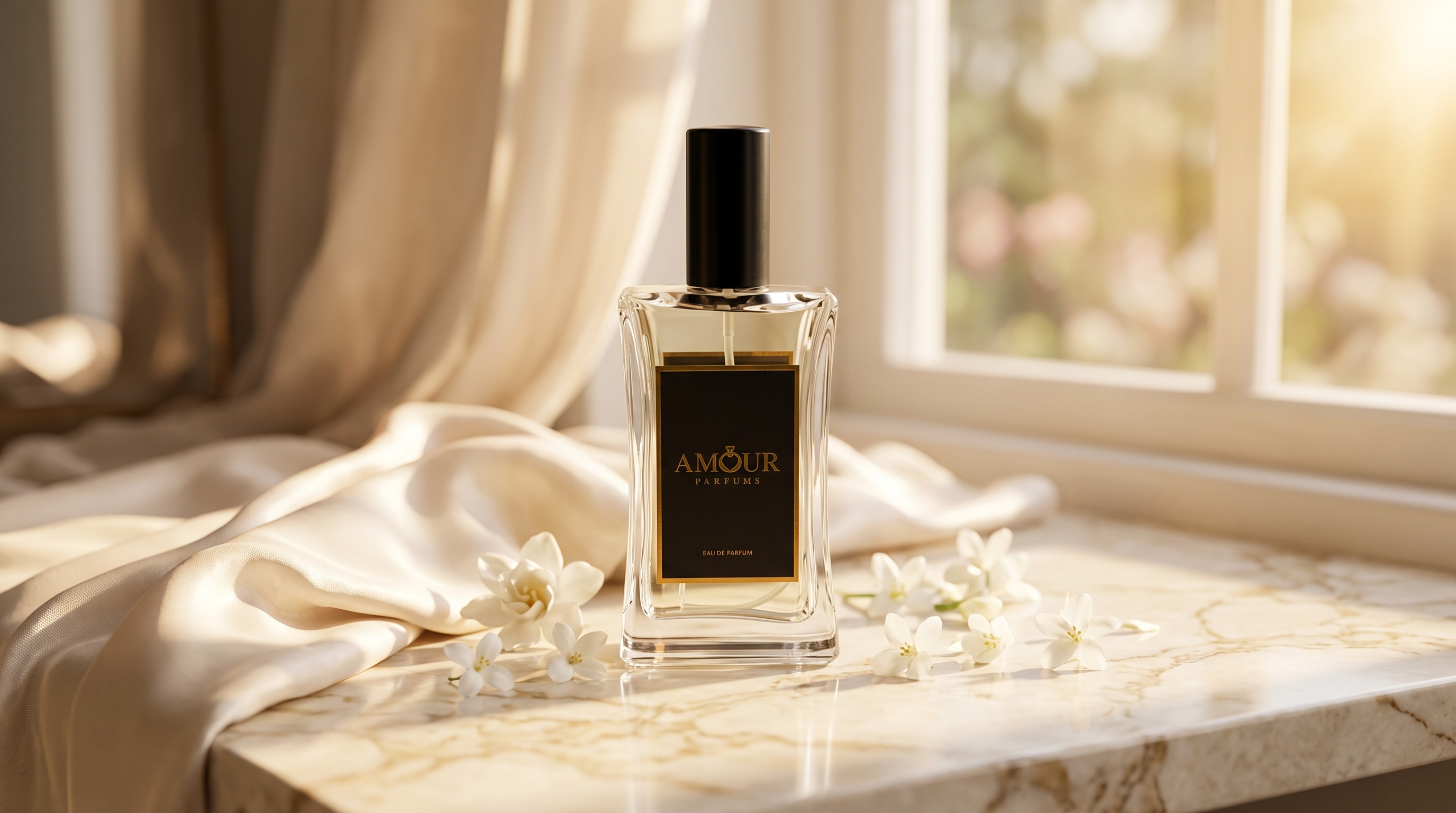 Butelka eau de parfum AMOUR Parfums na marmurowej powierzchni w ciepłym złotym świetle