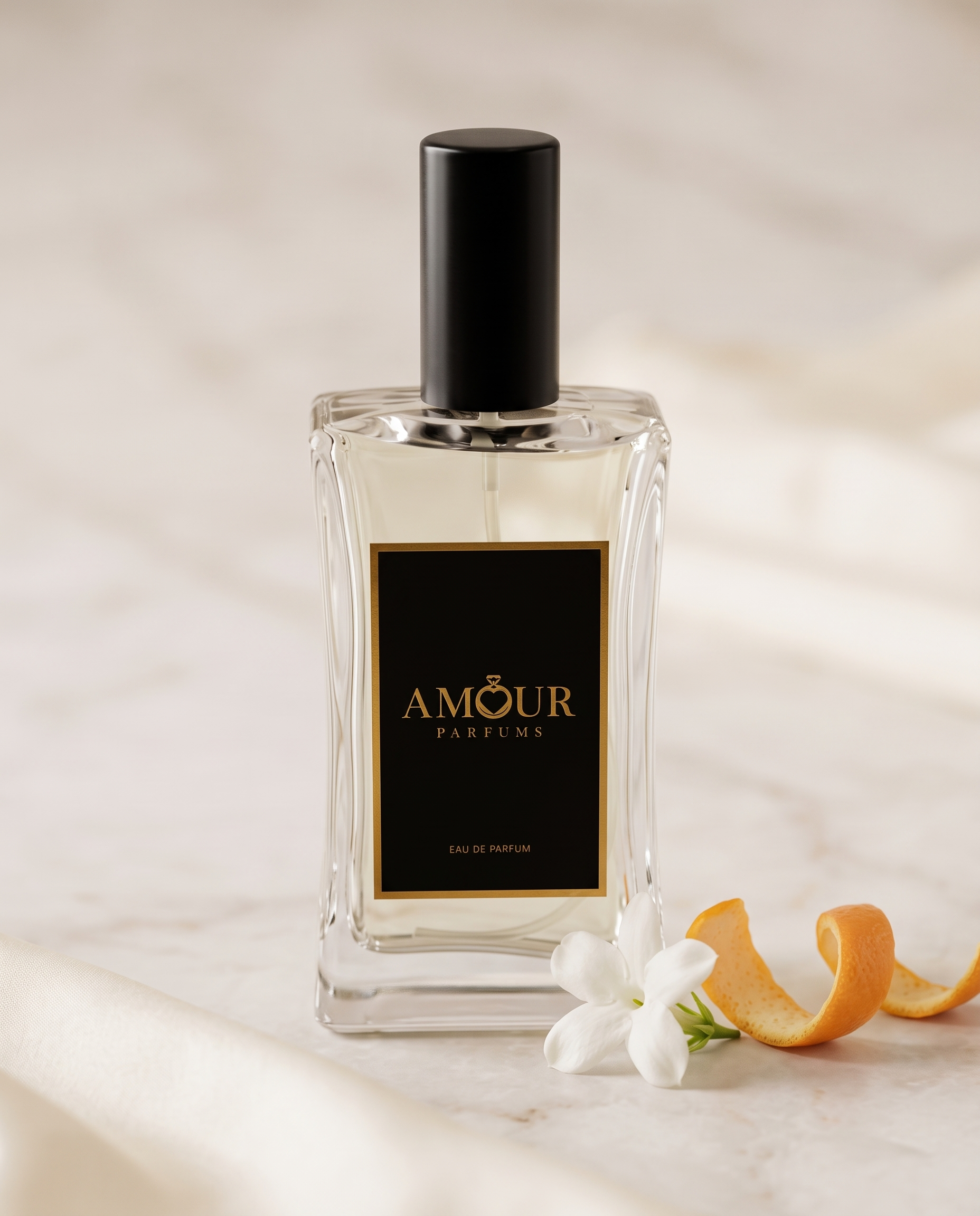 Flakon AMOUR Parfums obok białego kwiatka jaśminu i skórki pomarańczy, ilustrujące rozkwitające nuty serdeczne zapachu