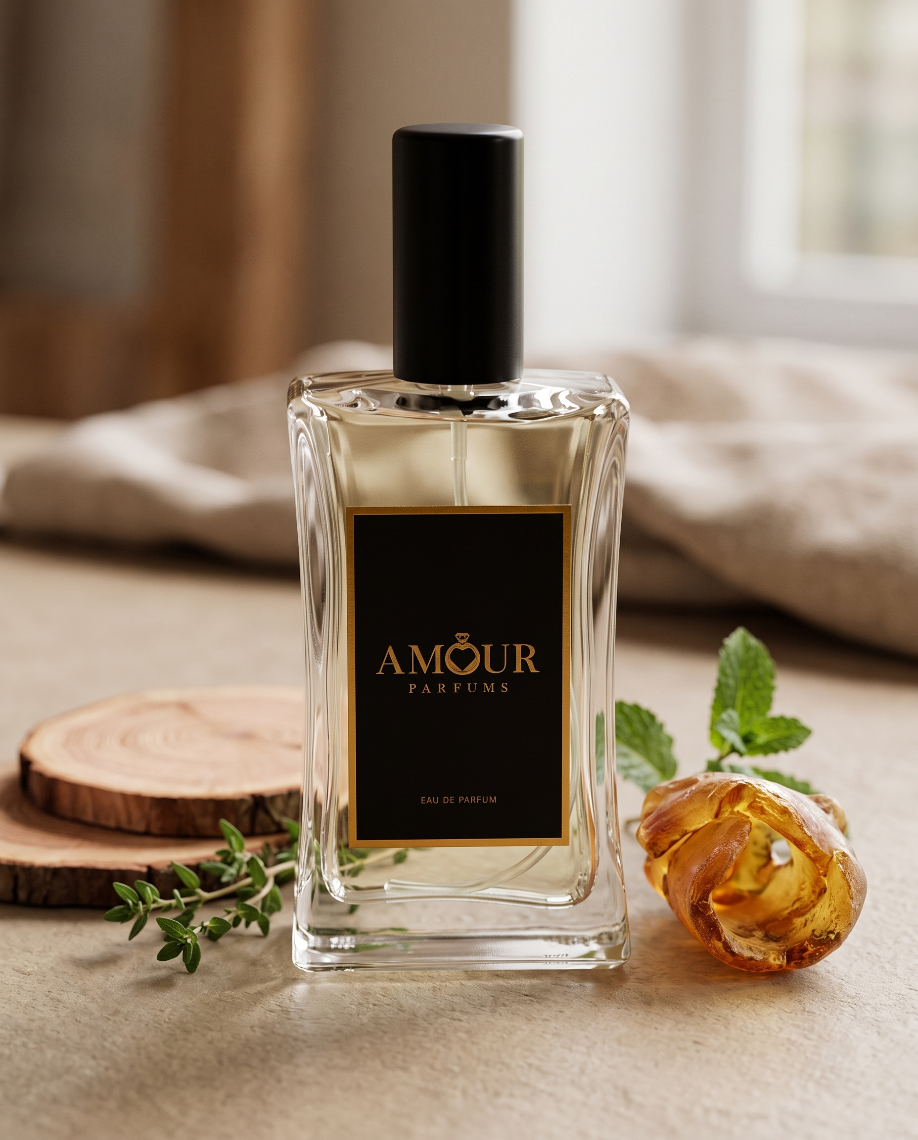 Butelka AMOUR Parfums wśród plastry cedrowego drewna, żywicy amber i zielonych ziół, reprezentujących różne rodziny zapachów