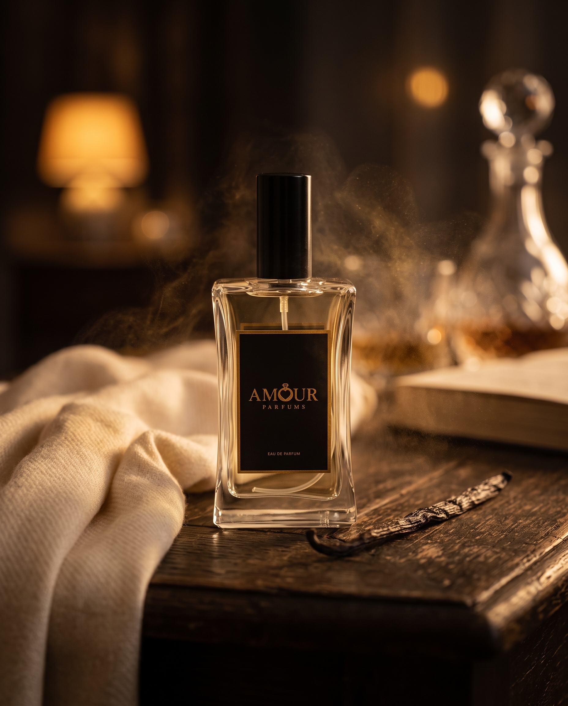 Butelka AMOUR Parfums na ciemnej powierzchni obok szalika z kaszmiru i strąka wanilii, evokujące długotrwały, skoncentrowany zapach