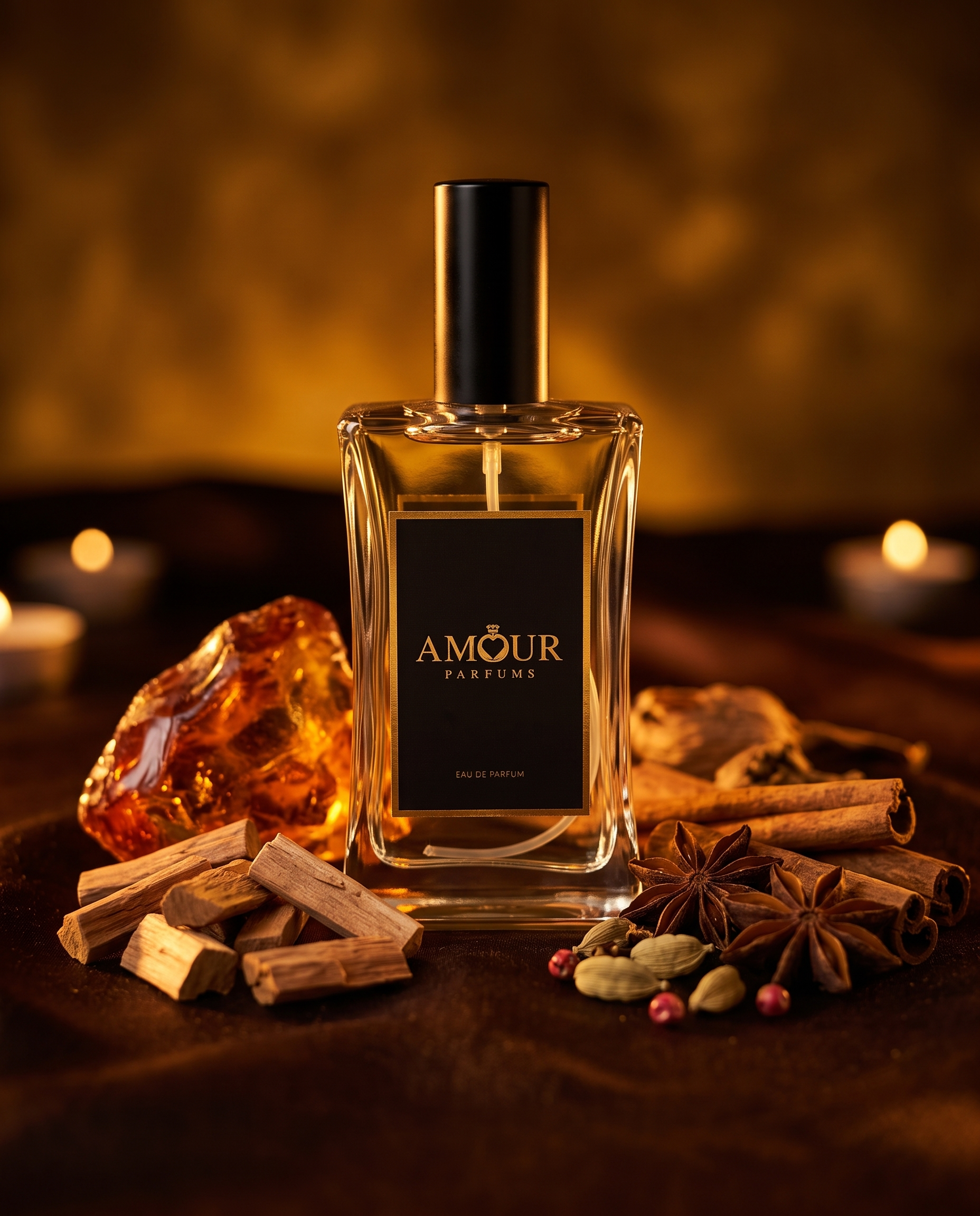 AMOUR Parfums bottle w ciepłym bursztynnowym świetle z drzewnymi, żywiczymi nutami