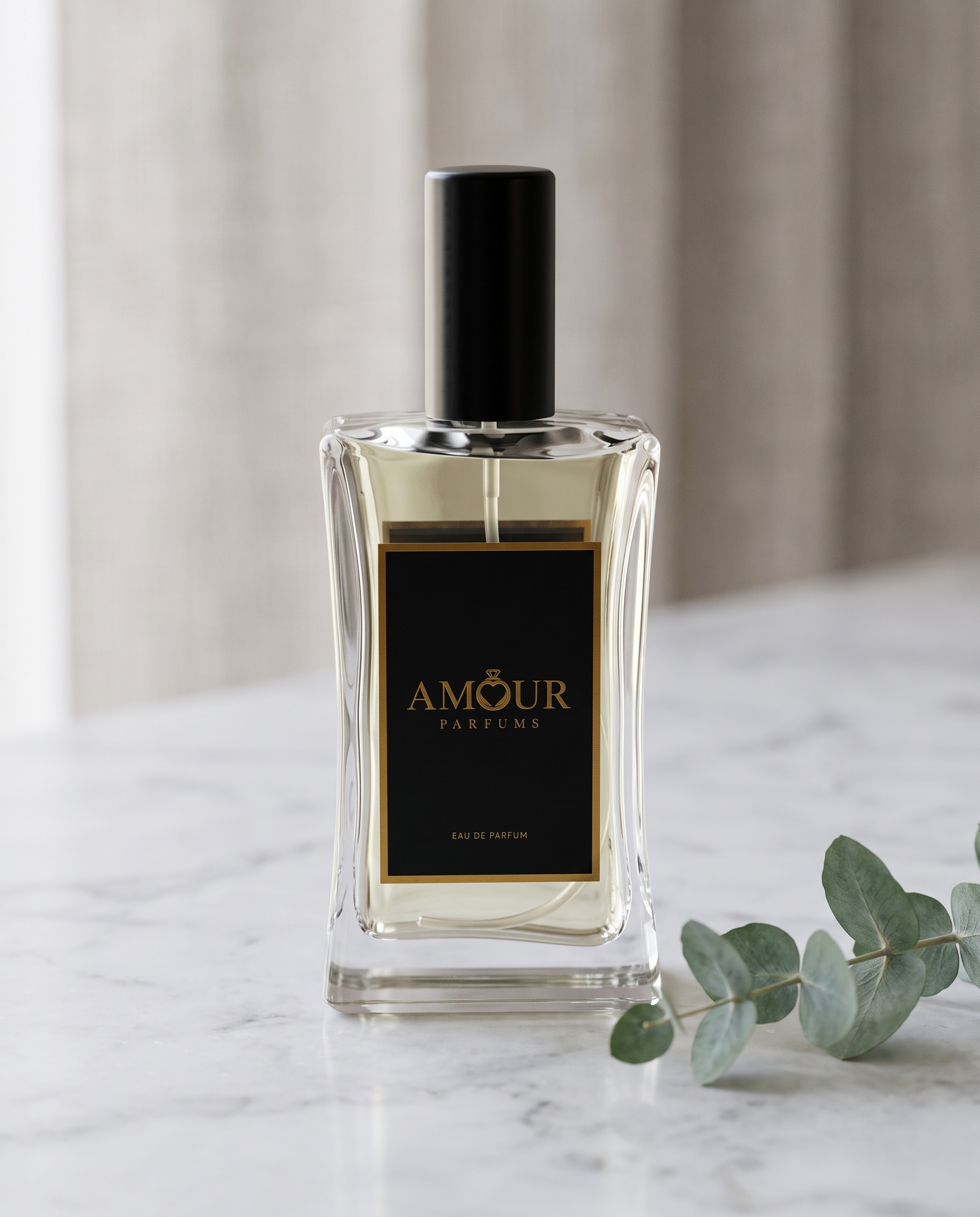 AMOUR Parfums bottle on an elegant minimalist dressing table