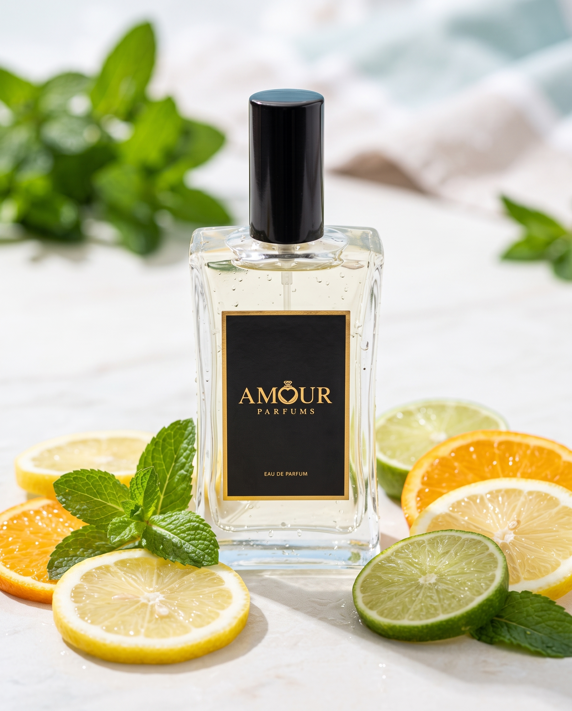 AMOUR Parfums bottle with fresh citrus in bright summer light