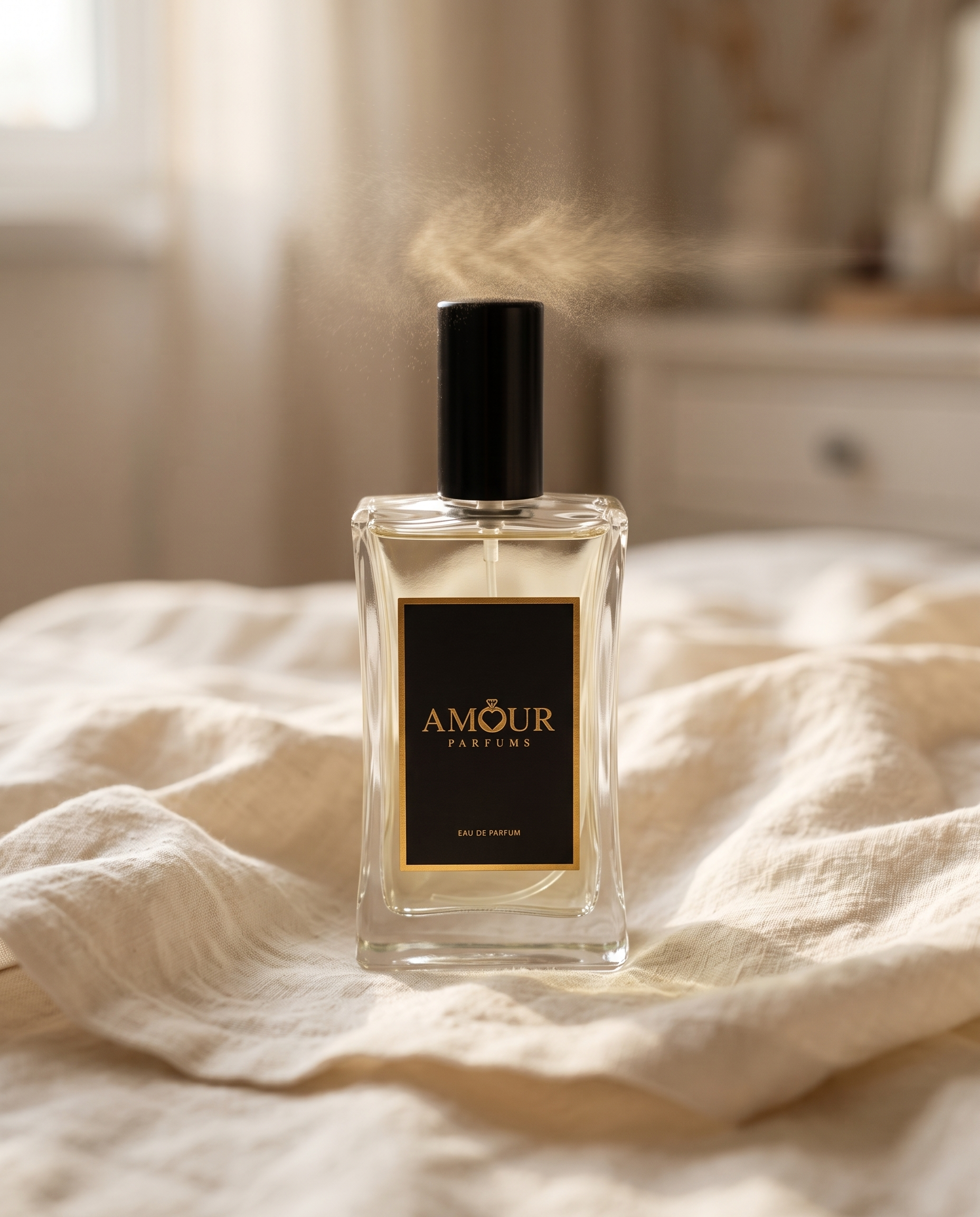 AMOUR Parfums bottle on ivory linen in warm natural light